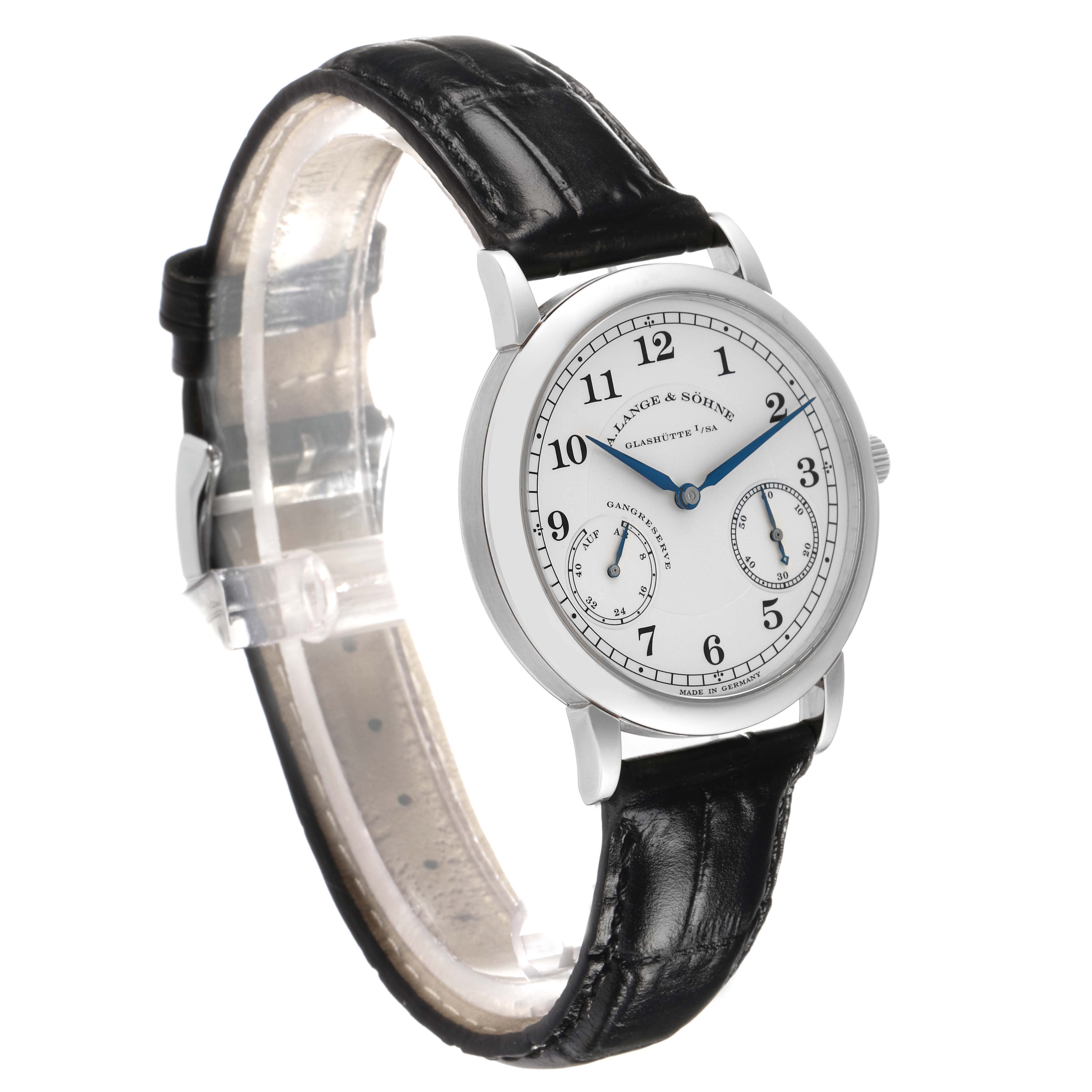 The A. Lange & Sohne 1815 221.025 Men's Platinum Silver Dial watch is shown at a three-quarter angle, displaying the dial and leather strap.