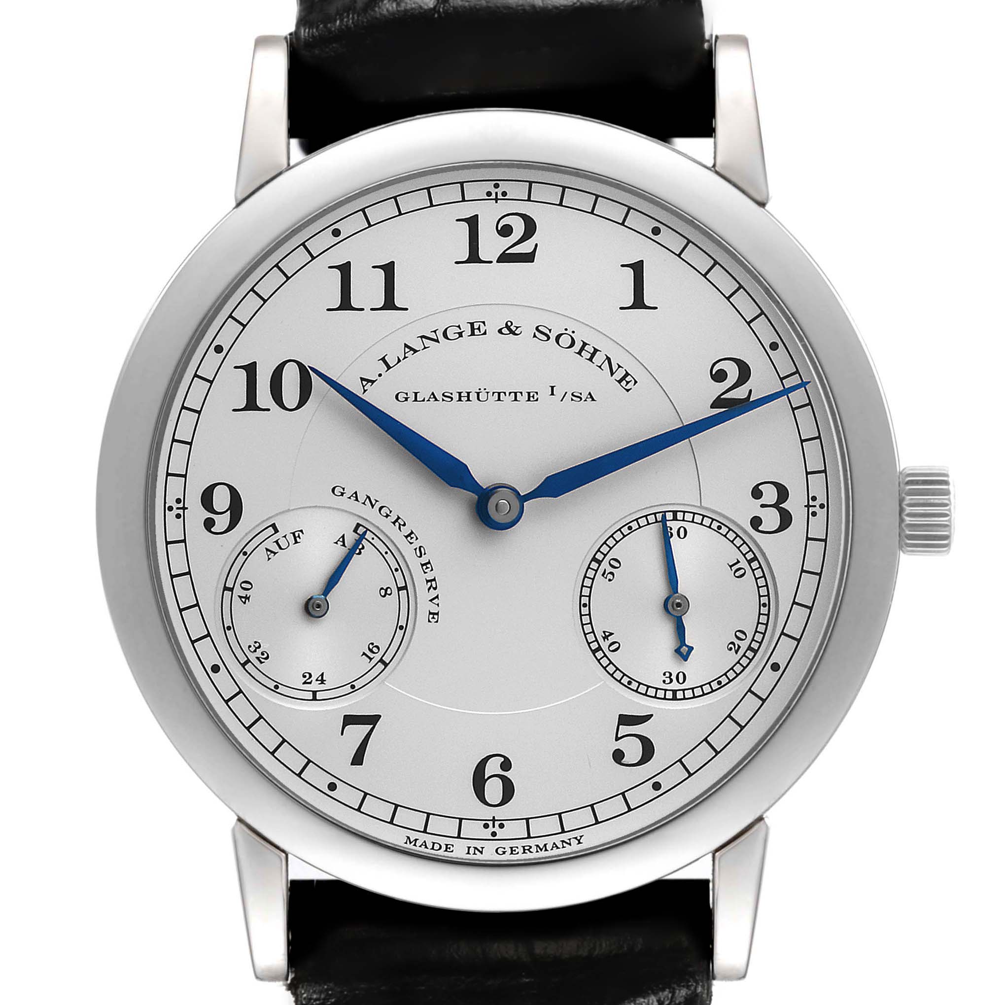 The A. Lange & Sohne 1815 221.025 Men's Platinum Silver Dial watch is shown from the front, displaying blue hands, subdials, and Arabic numerals.