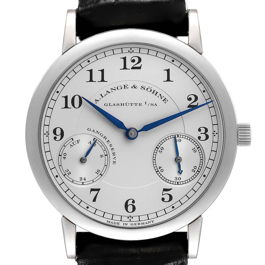 The A. Lange & Sohne 1815 221.025 Men's Platinum Silver Dial watch is shown from the front, displaying blue hands, subdials, and Arabic numerals.