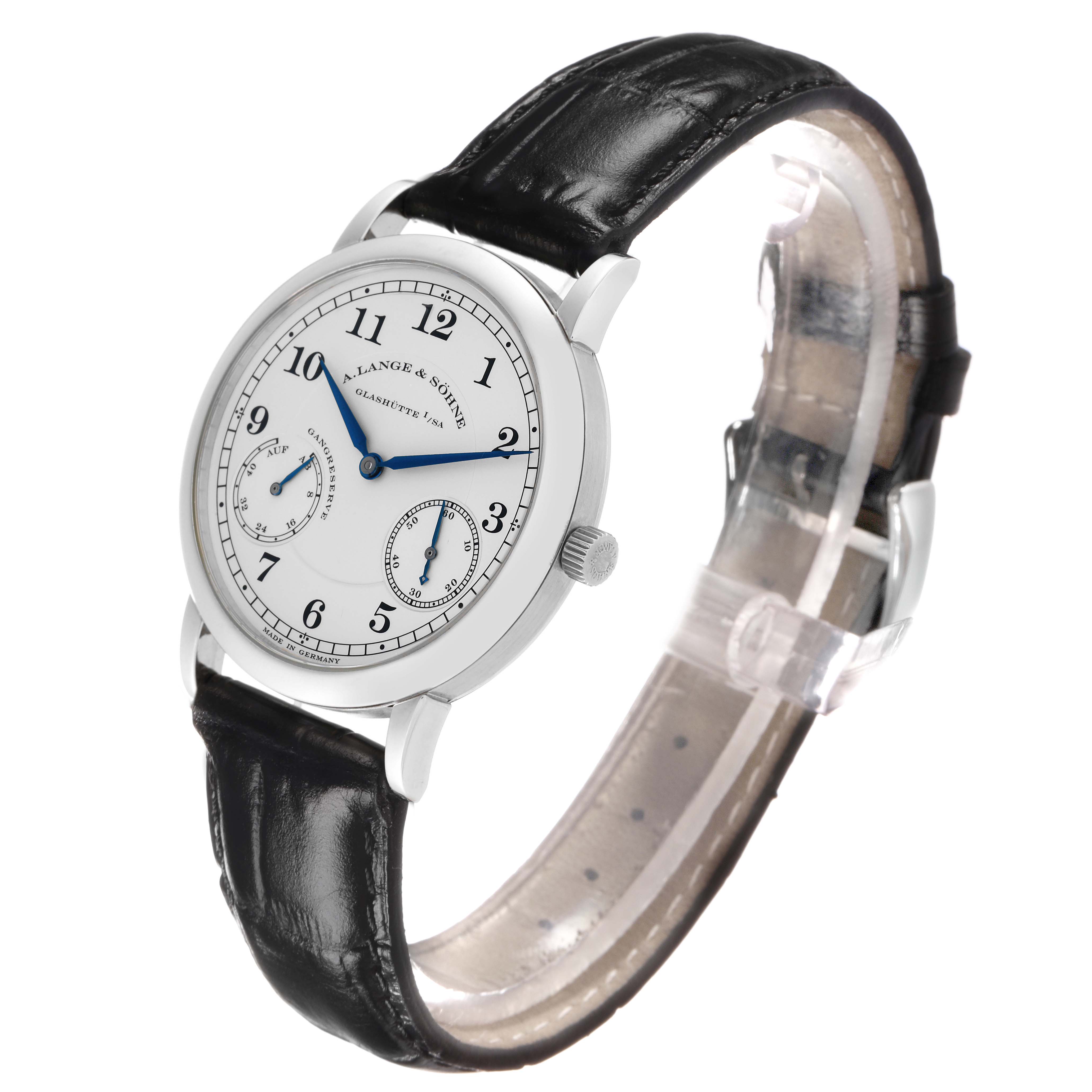 The A. Lange & Sohne 1815 221.025 Men's Platinum Silver Dial watch is shown at a three-quarter angle, displaying the dial, case, crown, and leather strap.