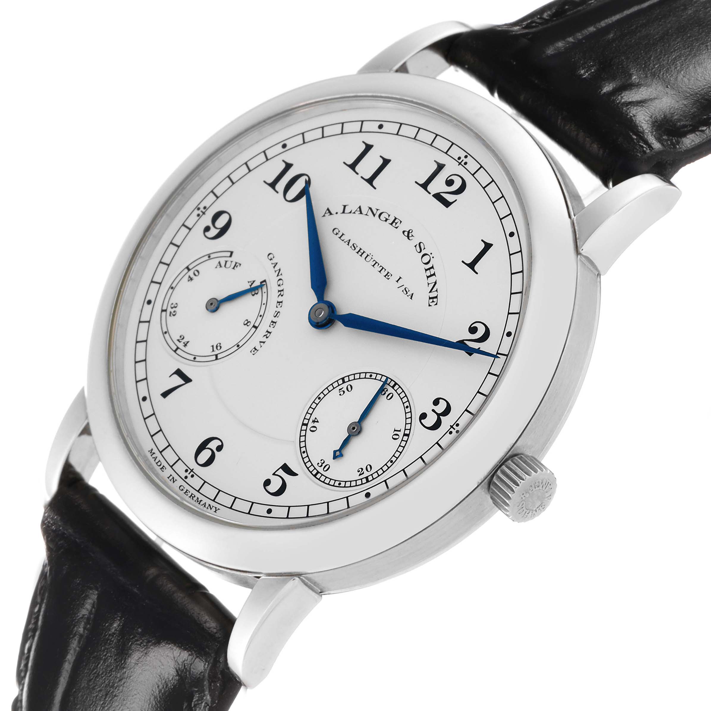 The A. Lange & Sohne 1815 221.025 Men's Platinum Silver Dial watch is shown from a front angle, highlighting the dial, hands, crown, and strap.