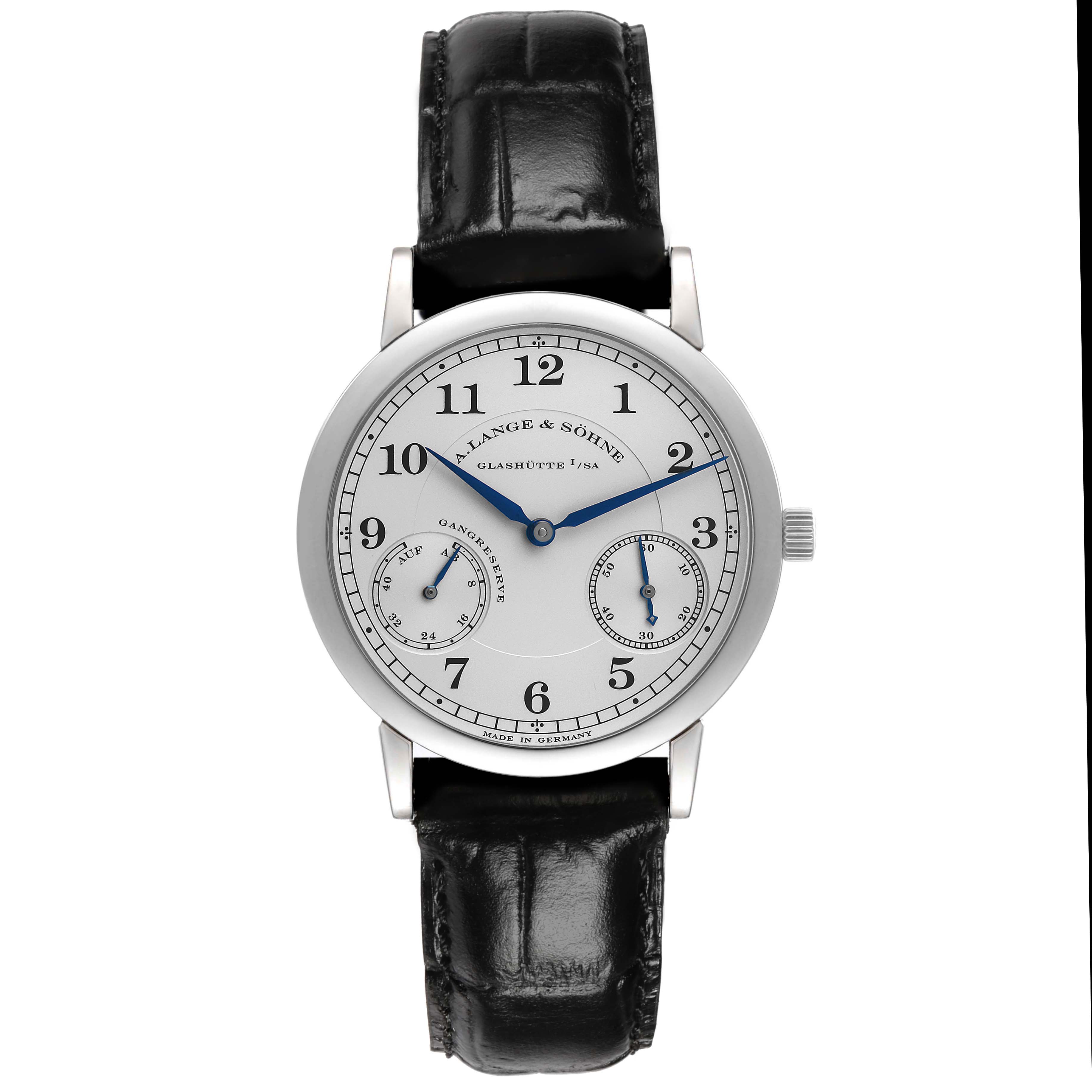 The A. Lange & Sohne 1815 221.025 Men's Platinum Silver Dial watch is shown from the front, displaying the dial, hour markers, and leather strap.