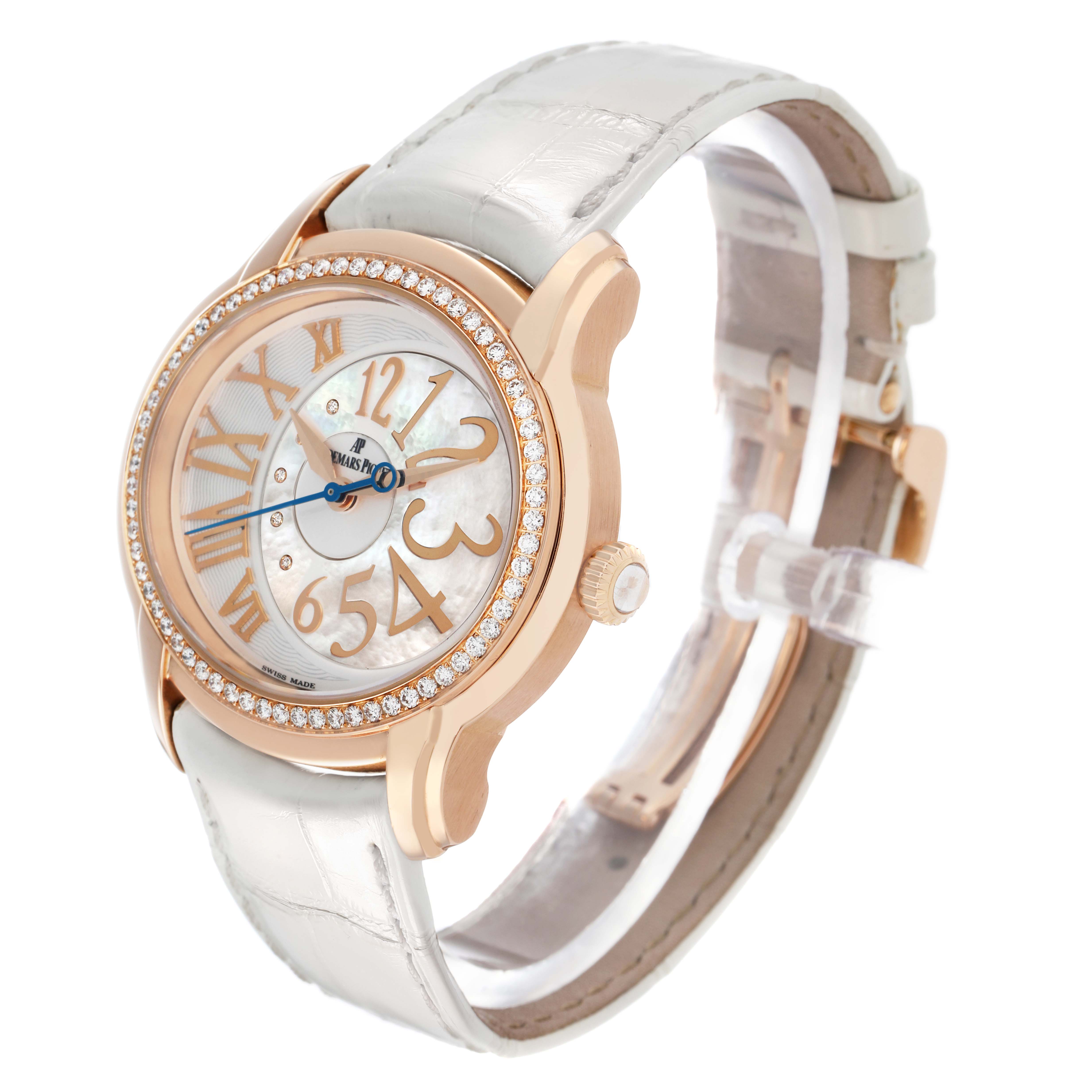 The Audemars Piguet Millenary 77301OR Women's Rose Gold Silver Dial watch is shown at a three-quarters angle, highlighting the face, bezel, and strap.