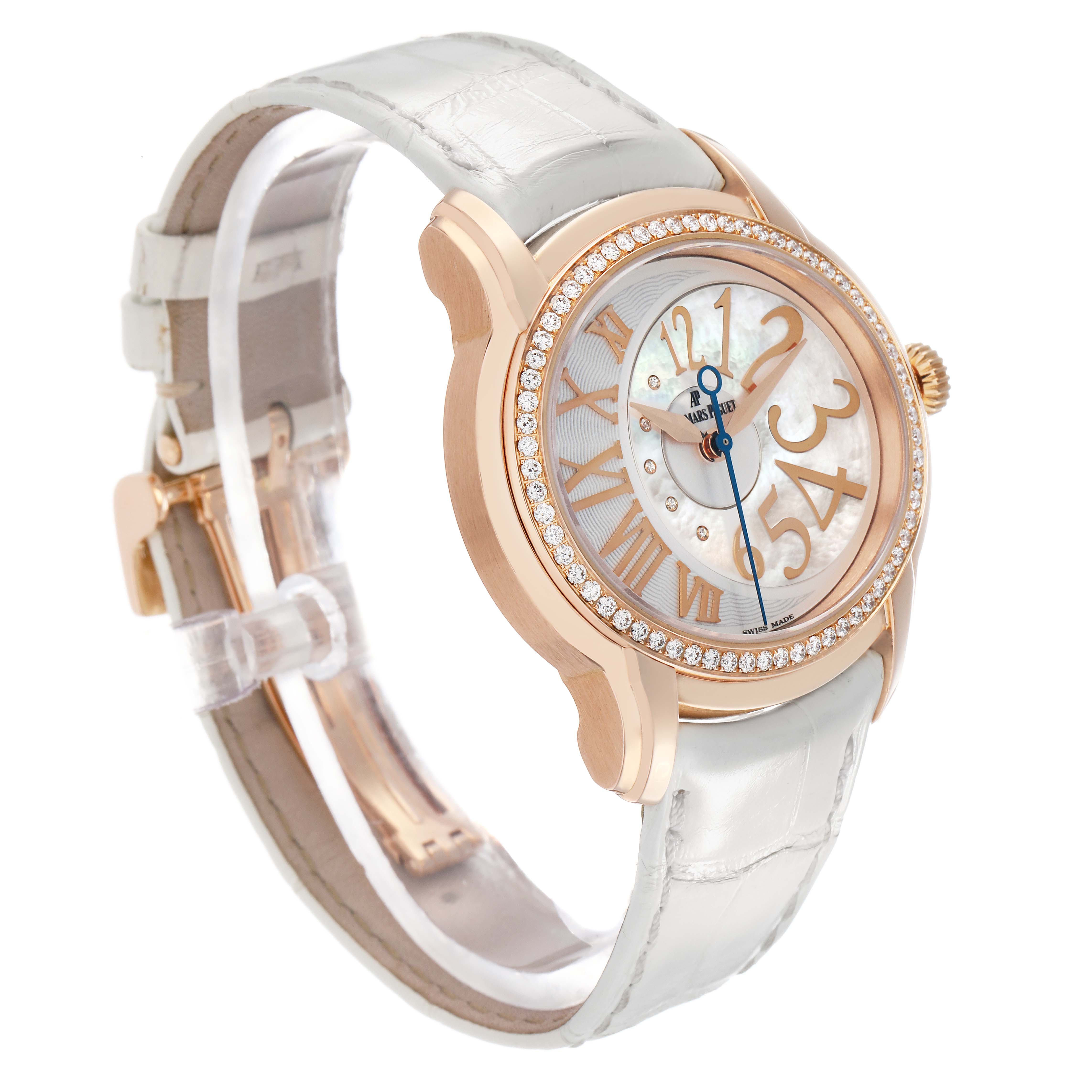 The Audemars Piguet Millenary 77301OR Women's Rose Gold Silver Dial watch is shown at a three-quarter angle, highlighting the dial, bezel, and part of the strap.