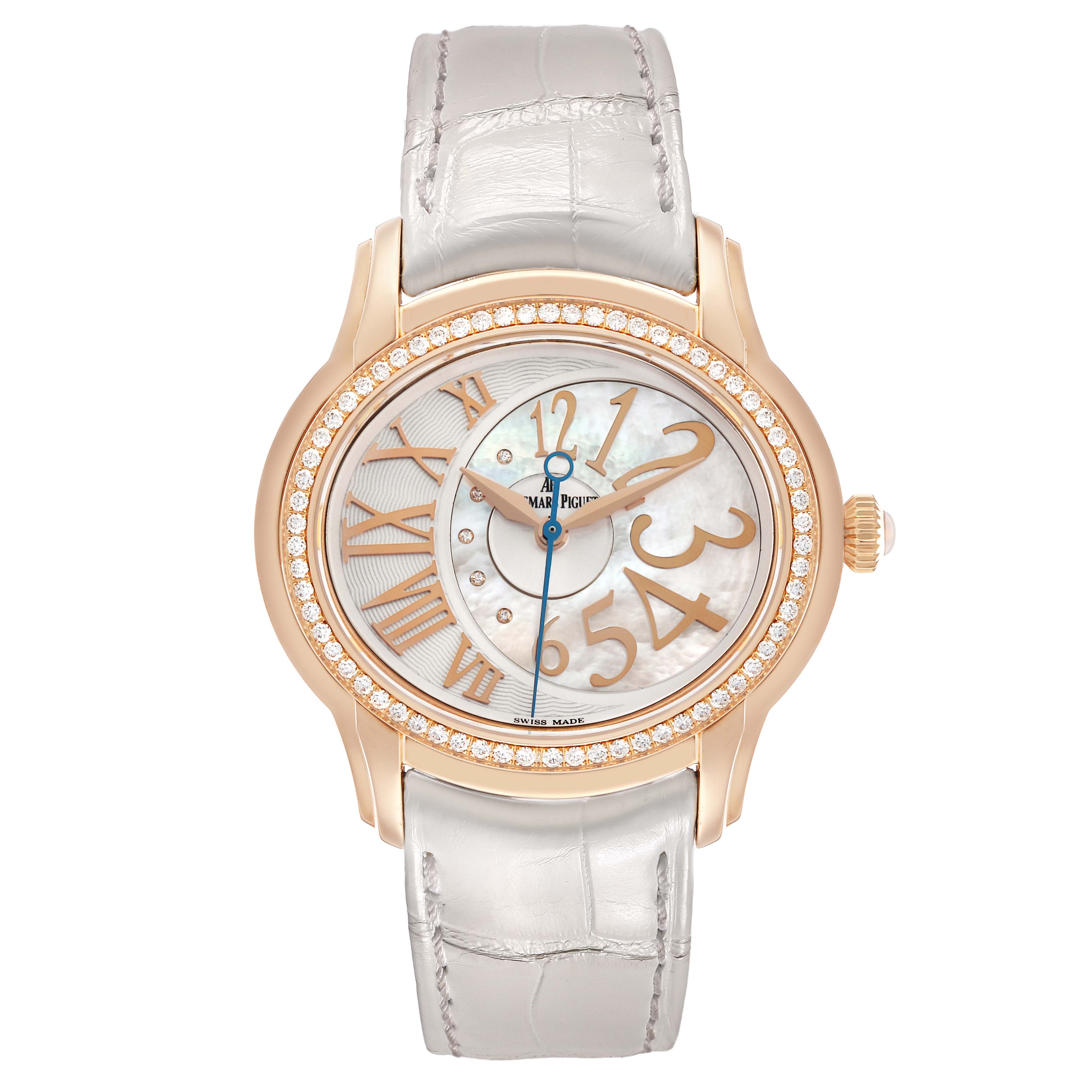 The Audemars Piguet Millenary 77301OR Women's Rose Gold Silver Dial watch is shown from a top view, highlighting the dial, bezel, and strap.