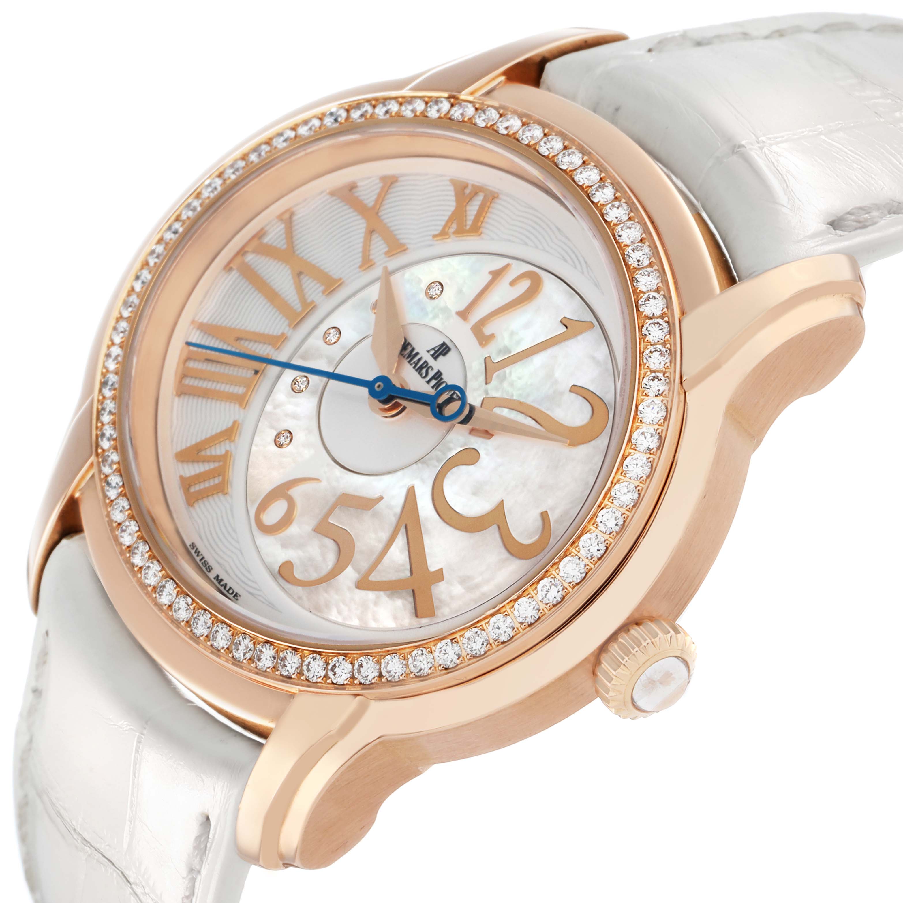 The Audemars Piguet Millenary 77301OR Women's Rose Gold Silver Dial watch is shown at an oblique angle, highlighting the dial, diamond bezel, and crown.