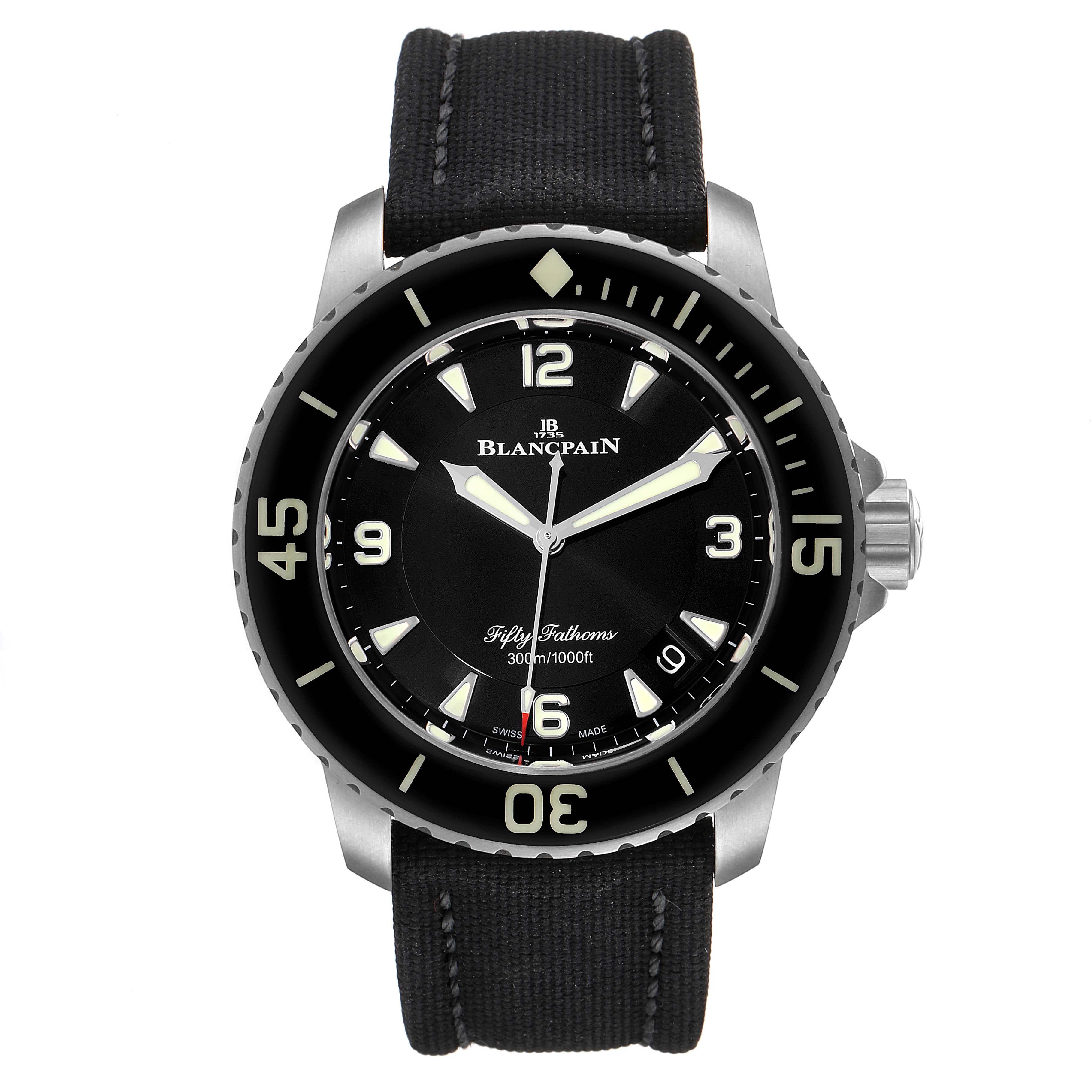 The image shows a front view of the Blancpain Fifty Fathoms 5015-12B30 Men's Titanium Black Dial 5015-12B30 Men's Titanium Black Dial watch, displaying its face, bezel, and strap.