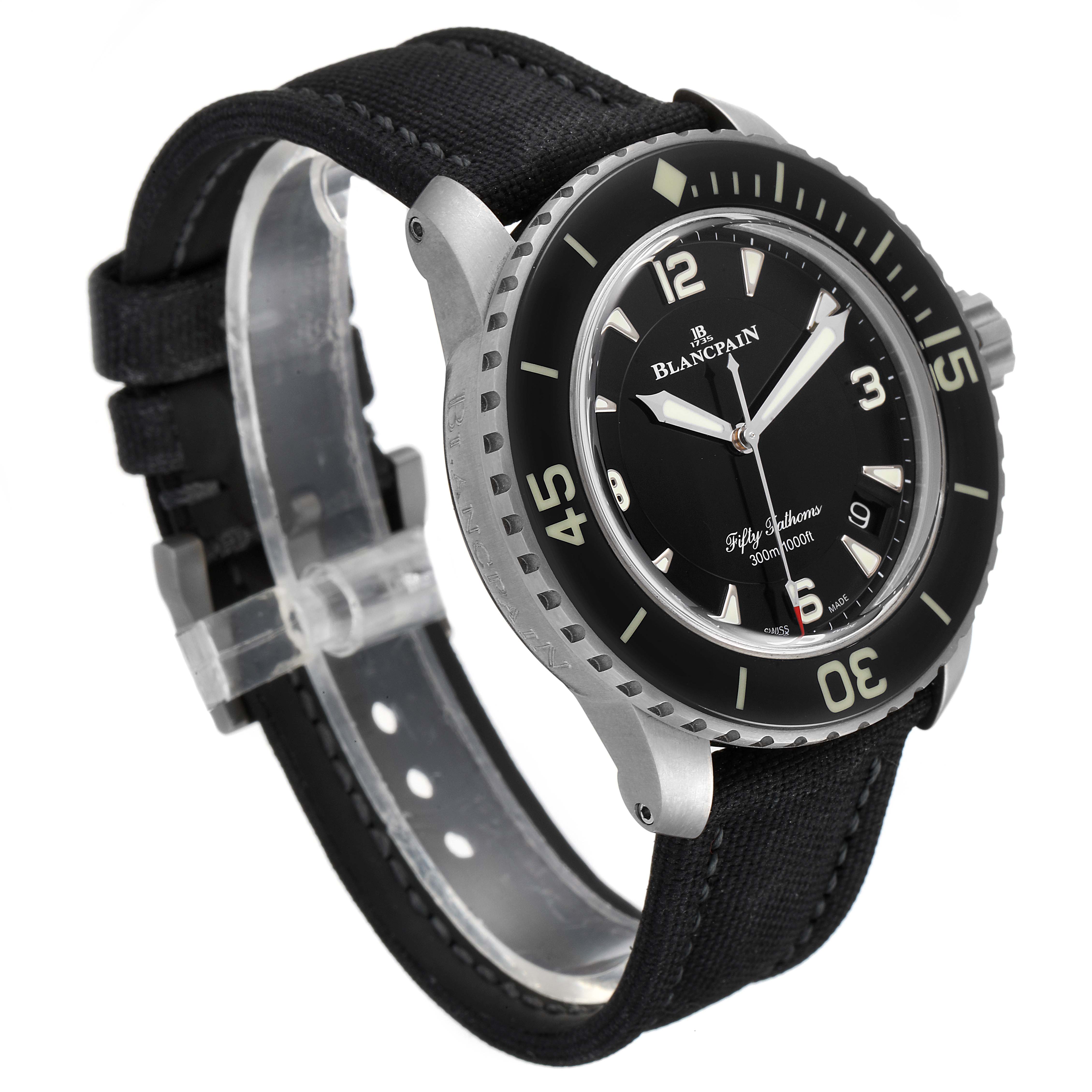 The image shows a Blancpain Fifty Fathoms 5015-12B30 Men's Titanium Black Dial 5015-12B30 Men's Titanium Black Dial watch at an angle highlighting the face, bezel, and strap.