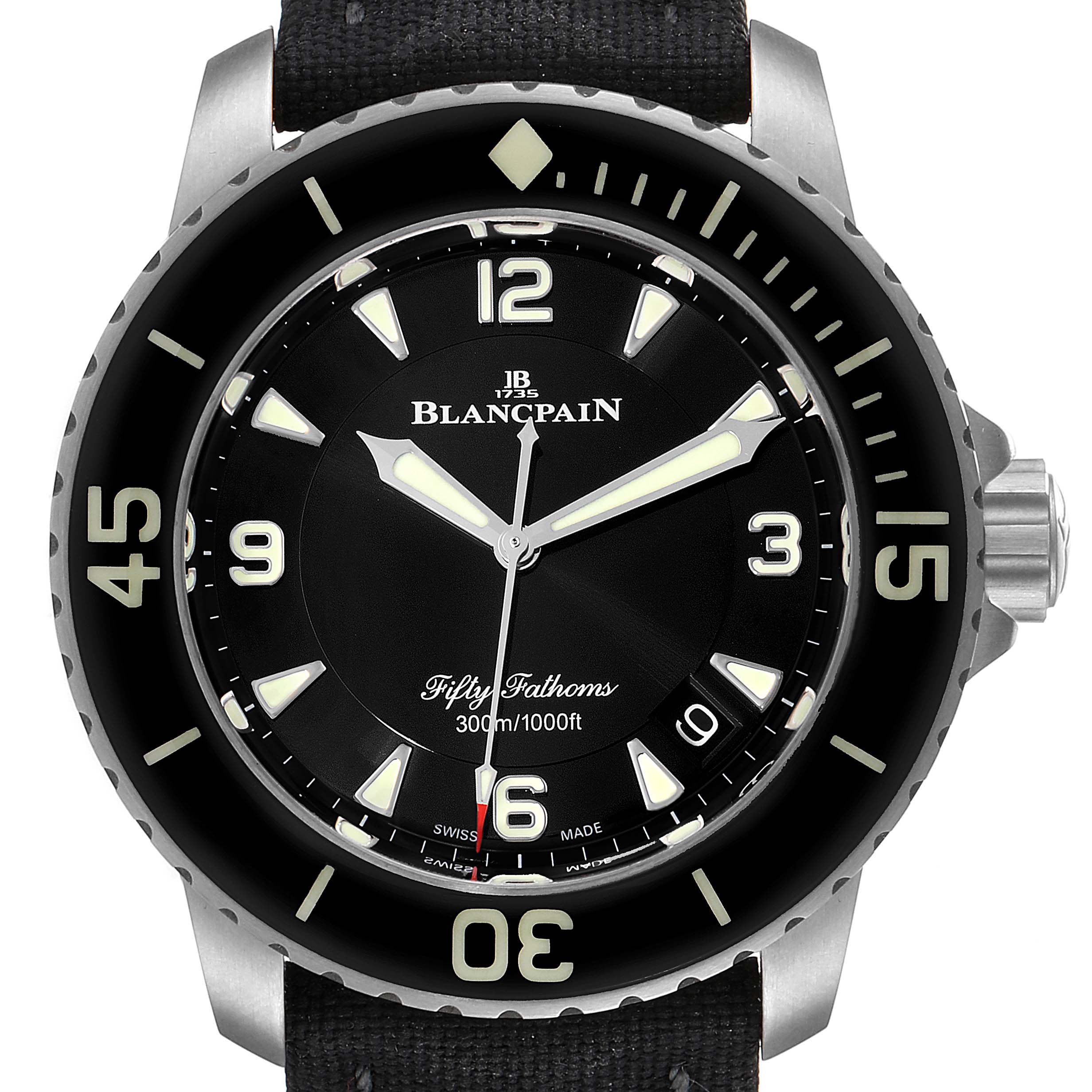 The image shows a close-up, front view of the Blancpain Fifty Fathoms 5015-12B30 Men's Titanium Black Dial 5015-12B30 Men's Titanium Black Dial watch, highlighting its dial, bezel, hands, and crown.