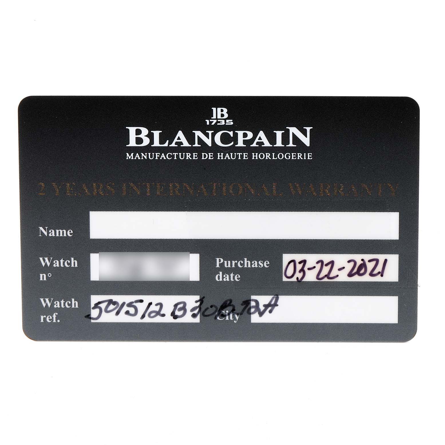 This is an international warranty card for the Blancpain Fifty Fathoms 5015-12B30 Men's Titanium Black Dial 5015-12B30 Men's Titanium Black Dial watch model, showing fields for name, watch number, purchase date, watch reference, and city.