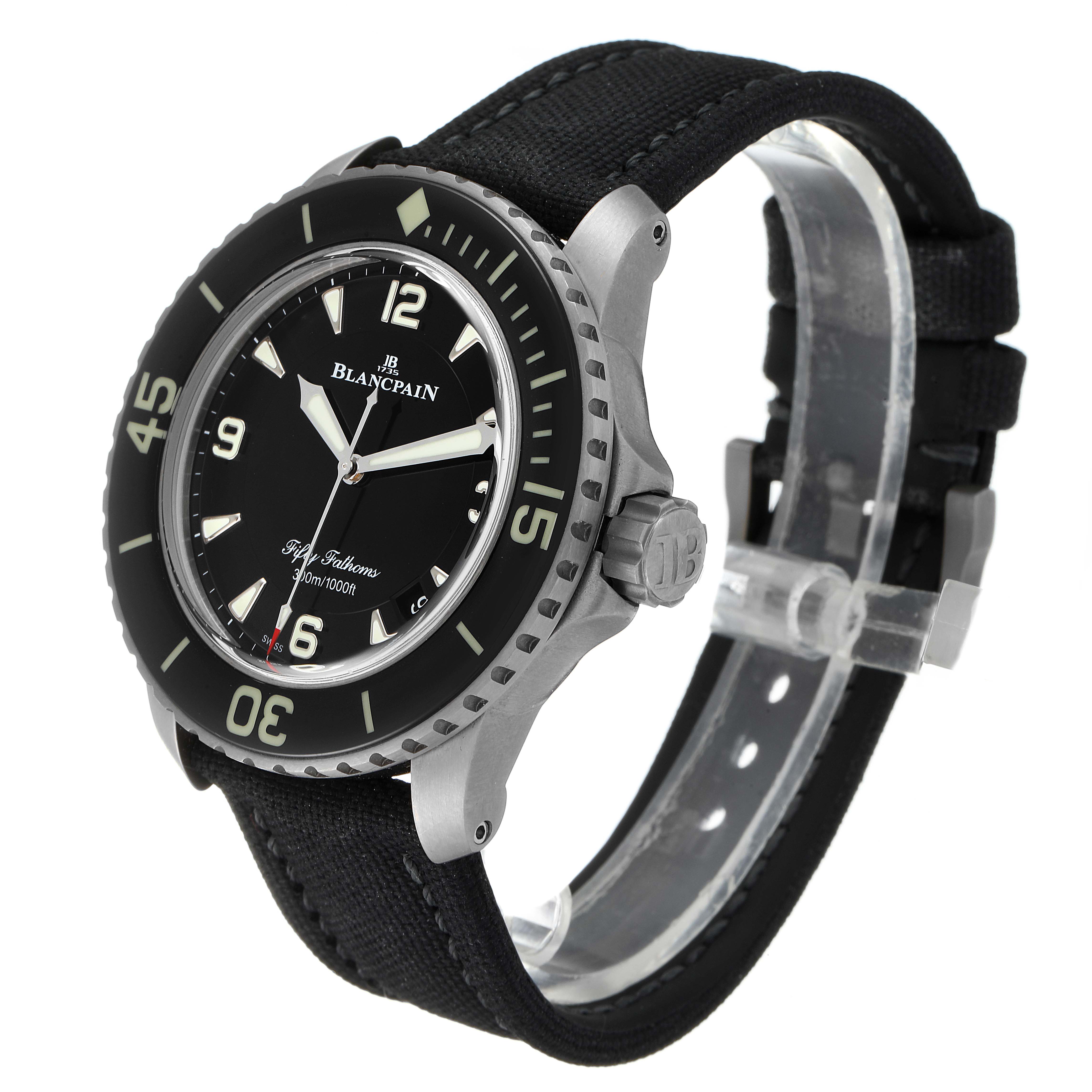 The image displays a side and angled view of the Fifty Fathoms Blancpain watch, highlighting the dial, bezel, and strap.