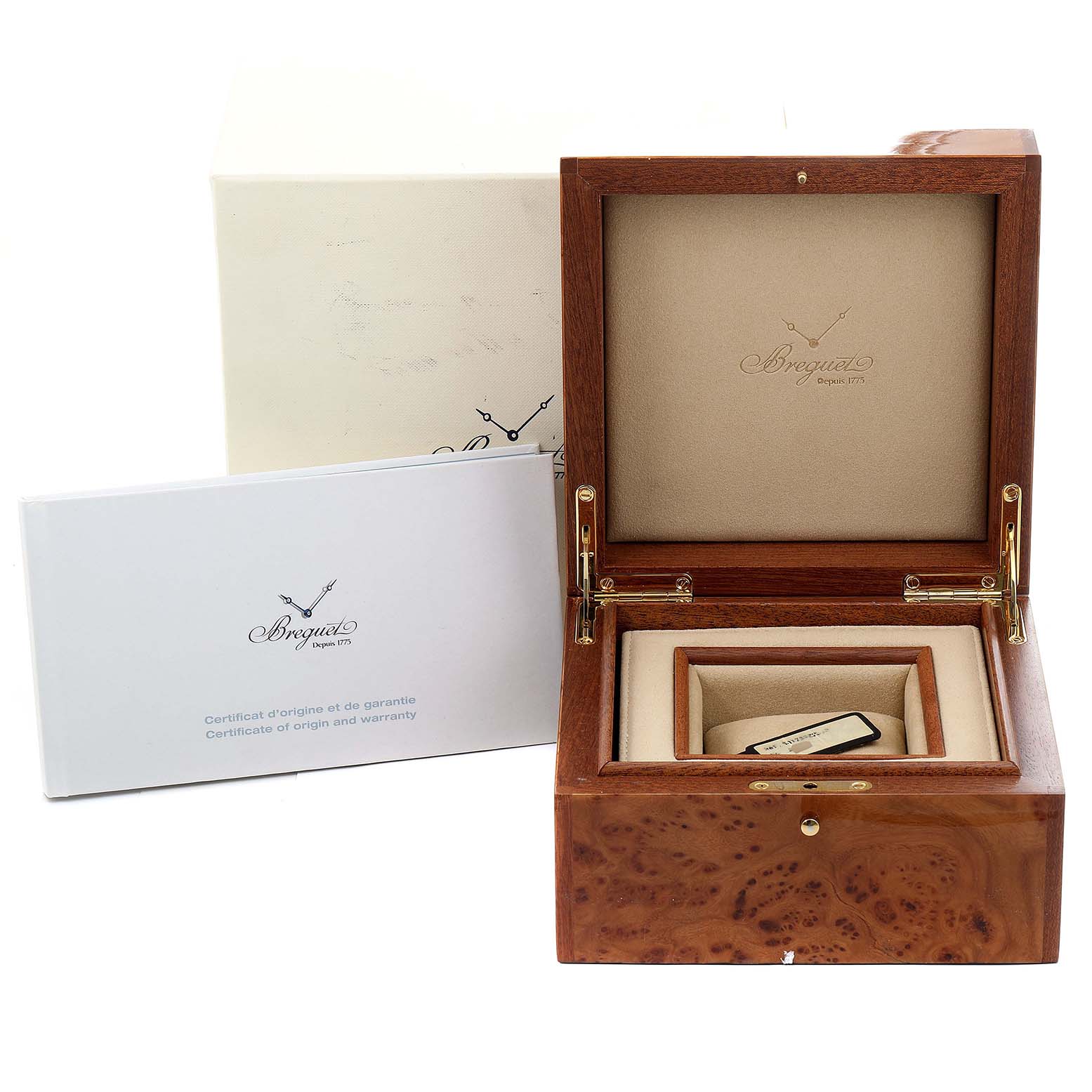 The image shows the open box and documentation for the Breguet Marine 5817BR/Z2/5V8 Men's Rose Gold Black Dial 5817BR/Z2/5V8 Men's Rose Gold Black Dial model watch.