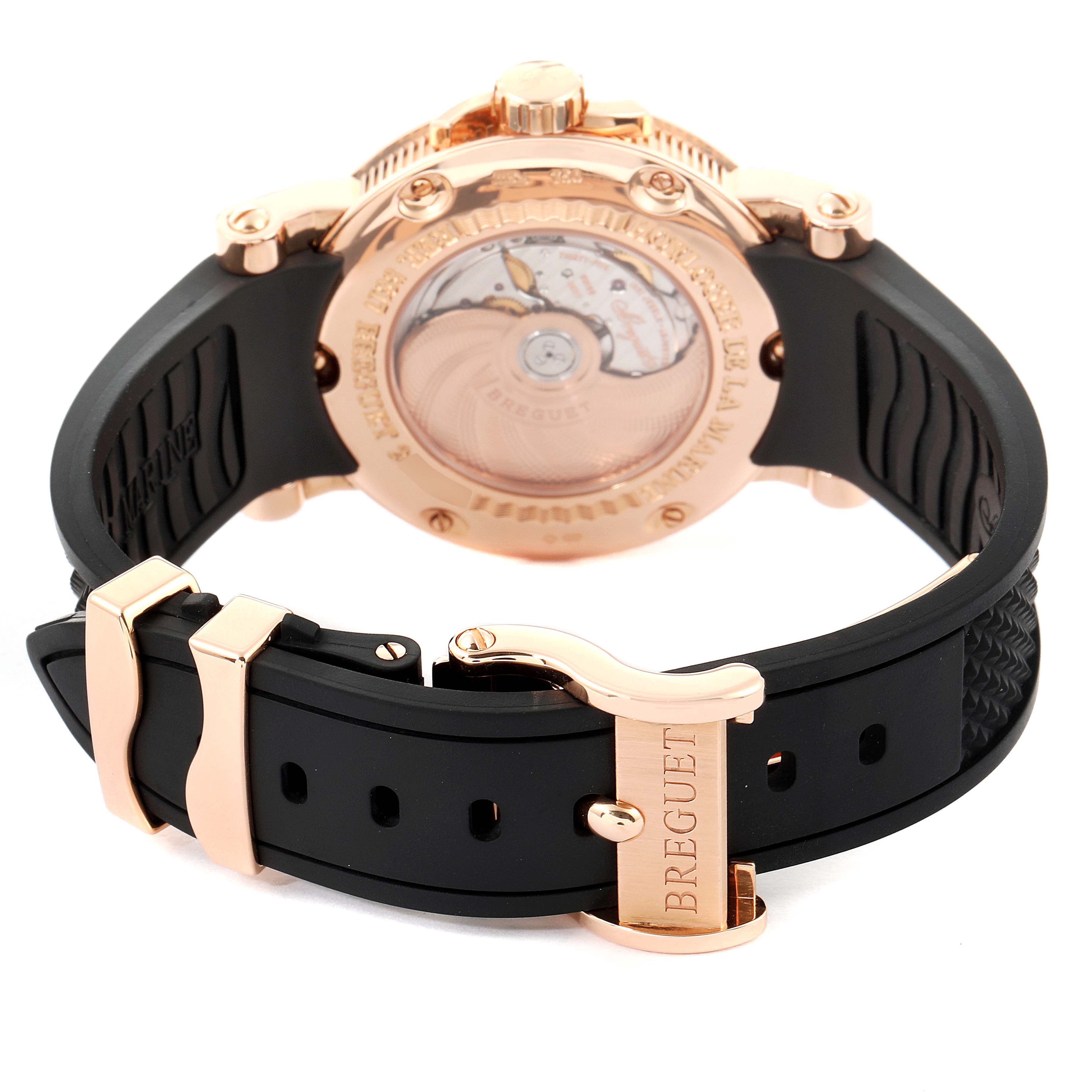 This image shows the back and strap of the Breguet Marine 5817BR/Z2/5V8 Men's Rose Gold Black Dial 5817BR/Z2/5V8 Men's Rose Gold Black Dial watch, highlighting the movement and buckle.