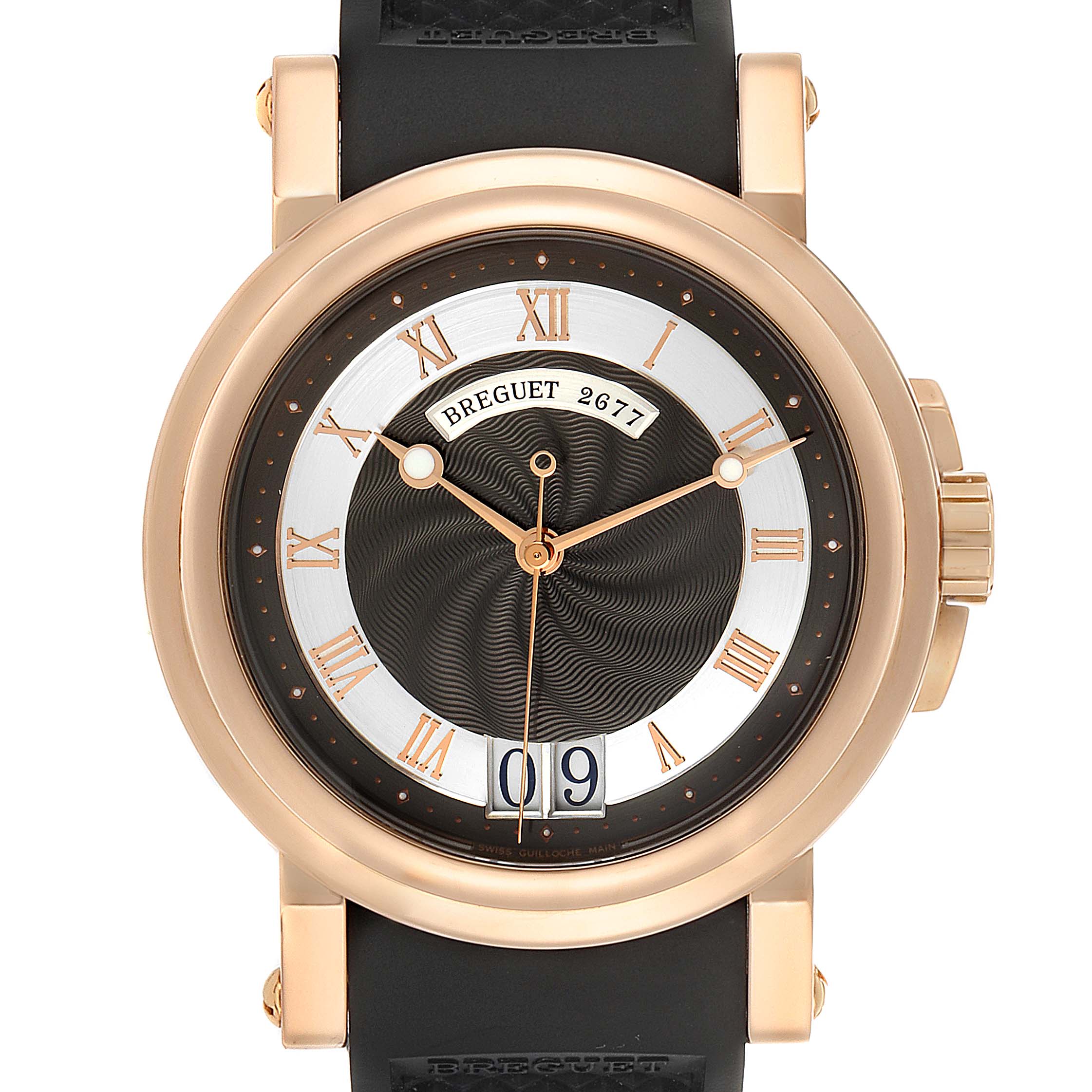 This image shows a front, close-up view of the dial and case of the Breguet Marine 5817BR/Z2/5V8 Men's Rose Gold Black Dial 5817BR/Z2/5V8 Men's Rose Gold Black Dial model watch.