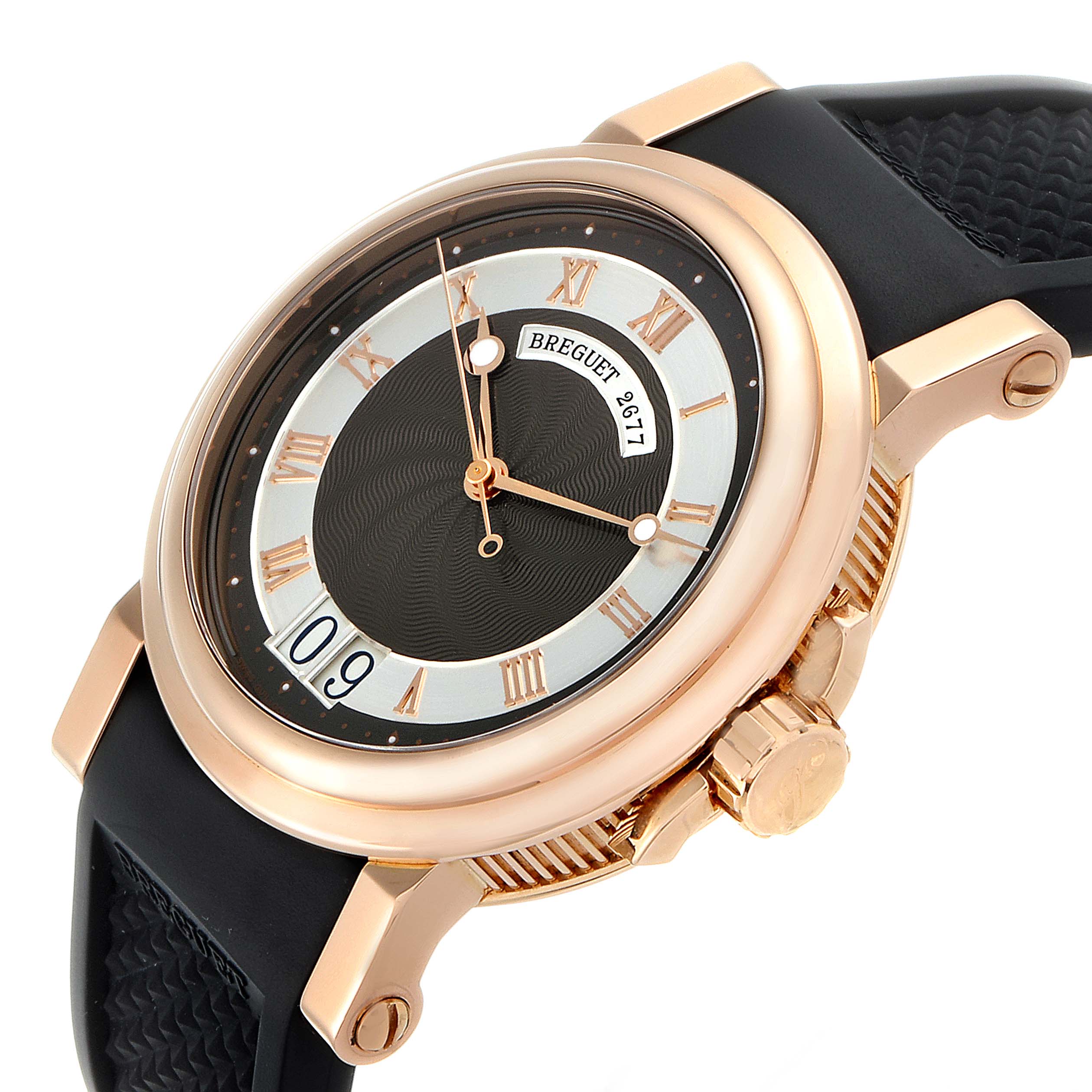 The Breguet Marine 5817BR/Z2/5V8 Men's Rose Gold Black Dial 5817BR/Z2/5V8 Men's Rose Gold Black Dial model watch is shown from an angled view displaying the case, crown, dial, and part of the strap.