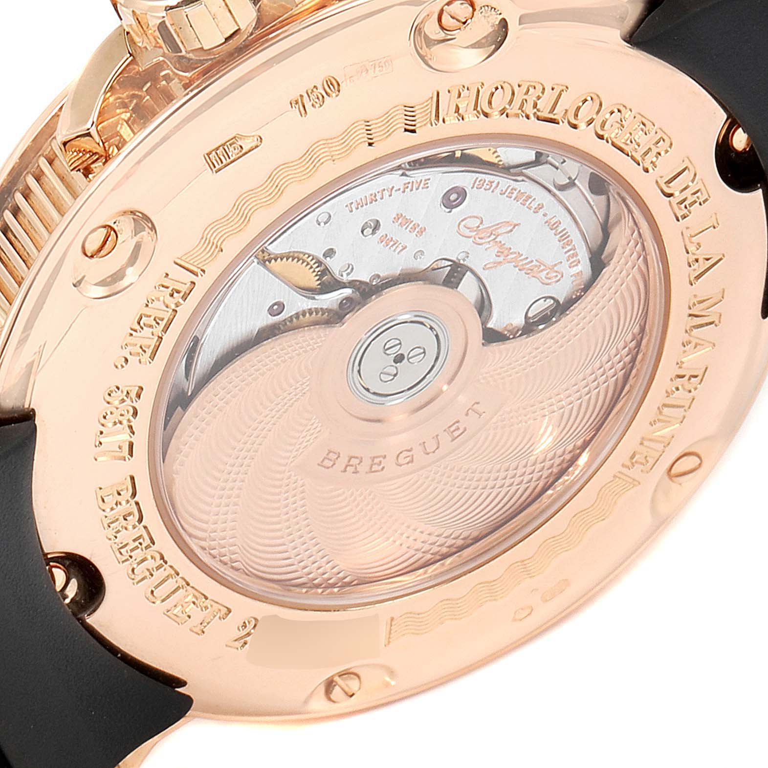 This image shows the back view of the Breguet Marine 5817BR/Z2/5V8 Men's Rose Gold Black Dial 5817BR/Z2/5V8 Men's Rose Gold Black Dial watch, revealing its intricate rotor and internal movement.
