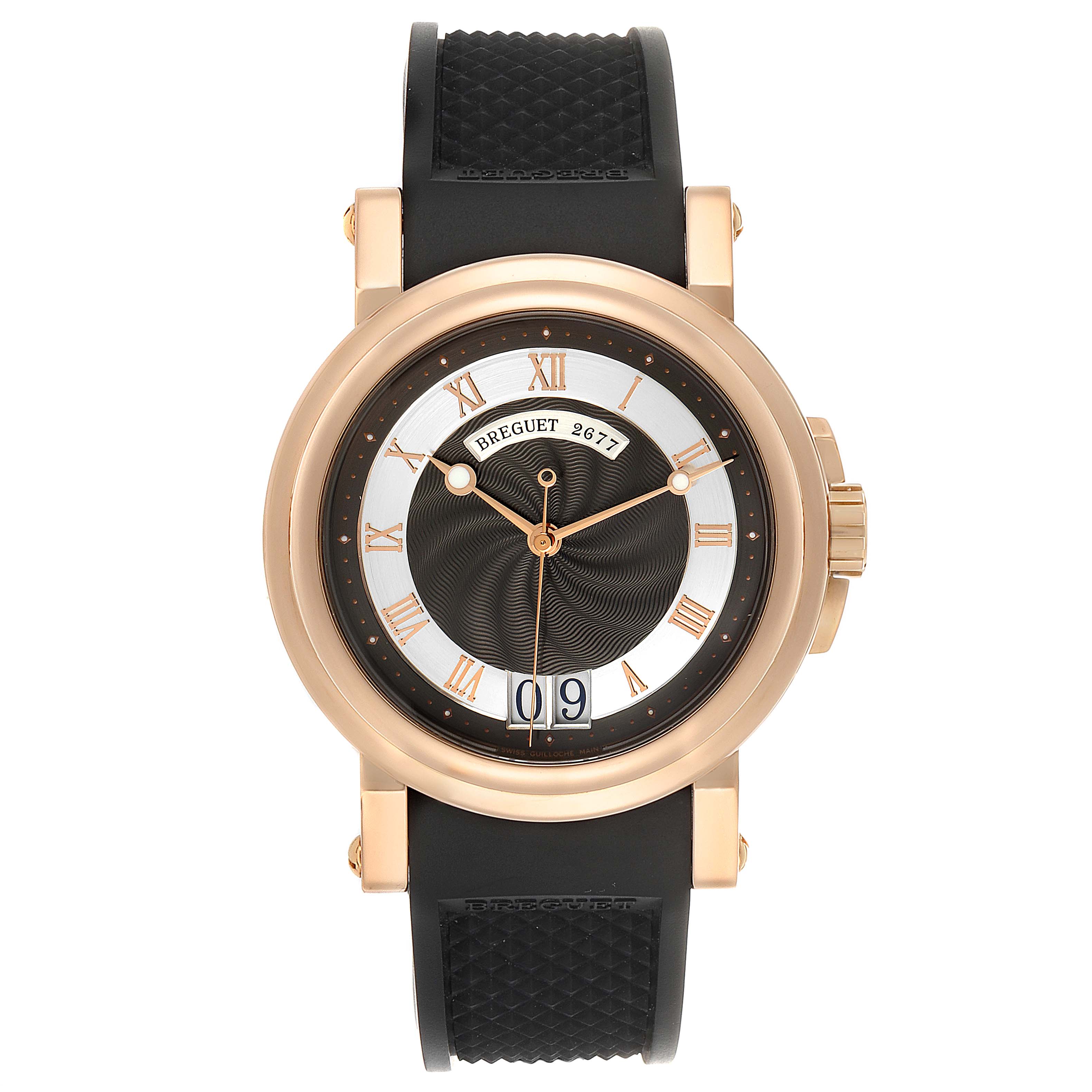 The image shows a frontal view of a Breguet Marine 5817BR/Z2/5V8 Men's Rose Gold Black Dial 5817BR/Z2/5V8 Men's Rose Gold Black Dial model watch with a black strap and gold casing.