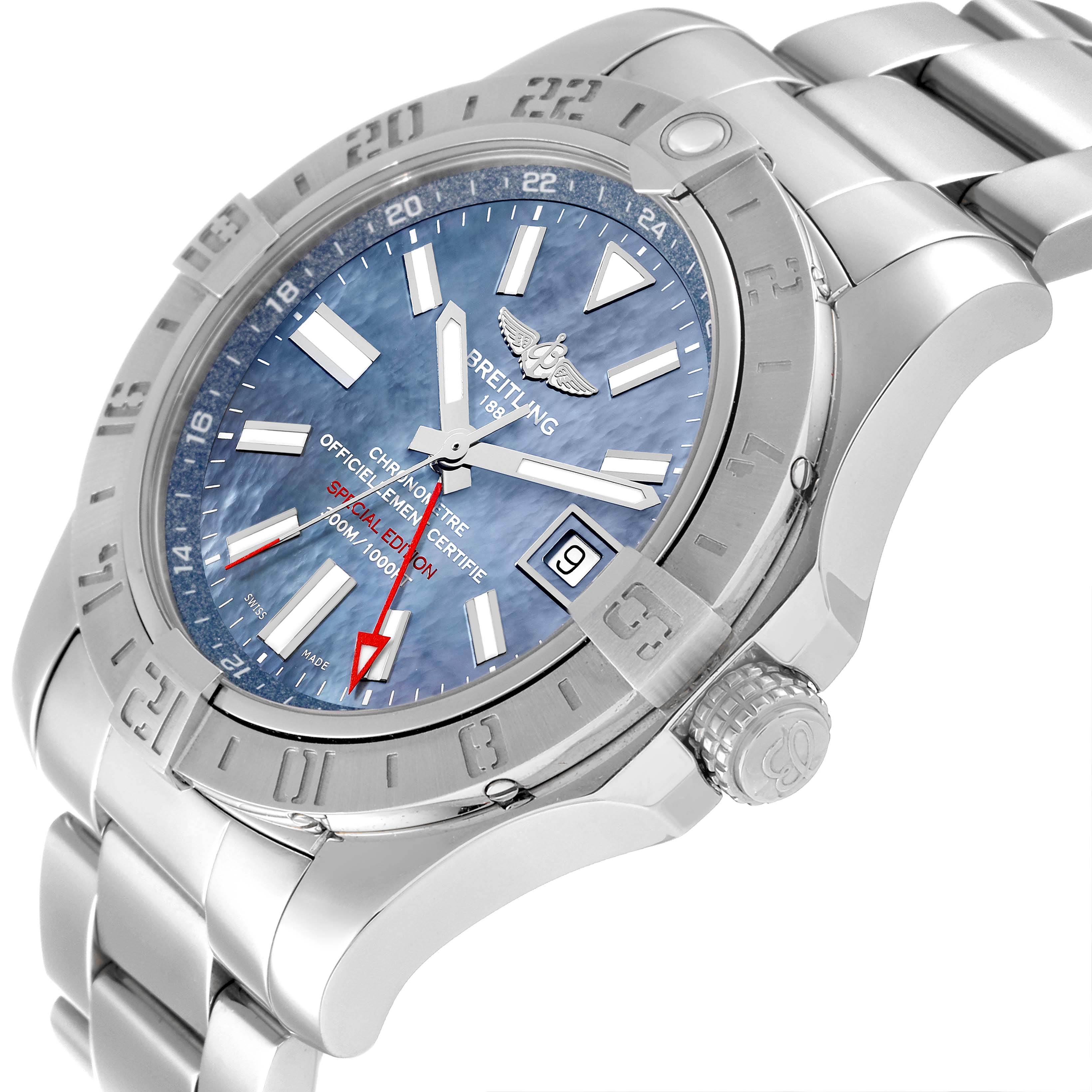 The image shows the Breitling Avenger A3239011-C872-170A Men's Stainless Steel Mother of Pearl Dial A3239011-C872-170A Men's Stainless Steel Mother of Pearl Dial watch from an angled side view, highlighting the dial, bezel, and bracelet.