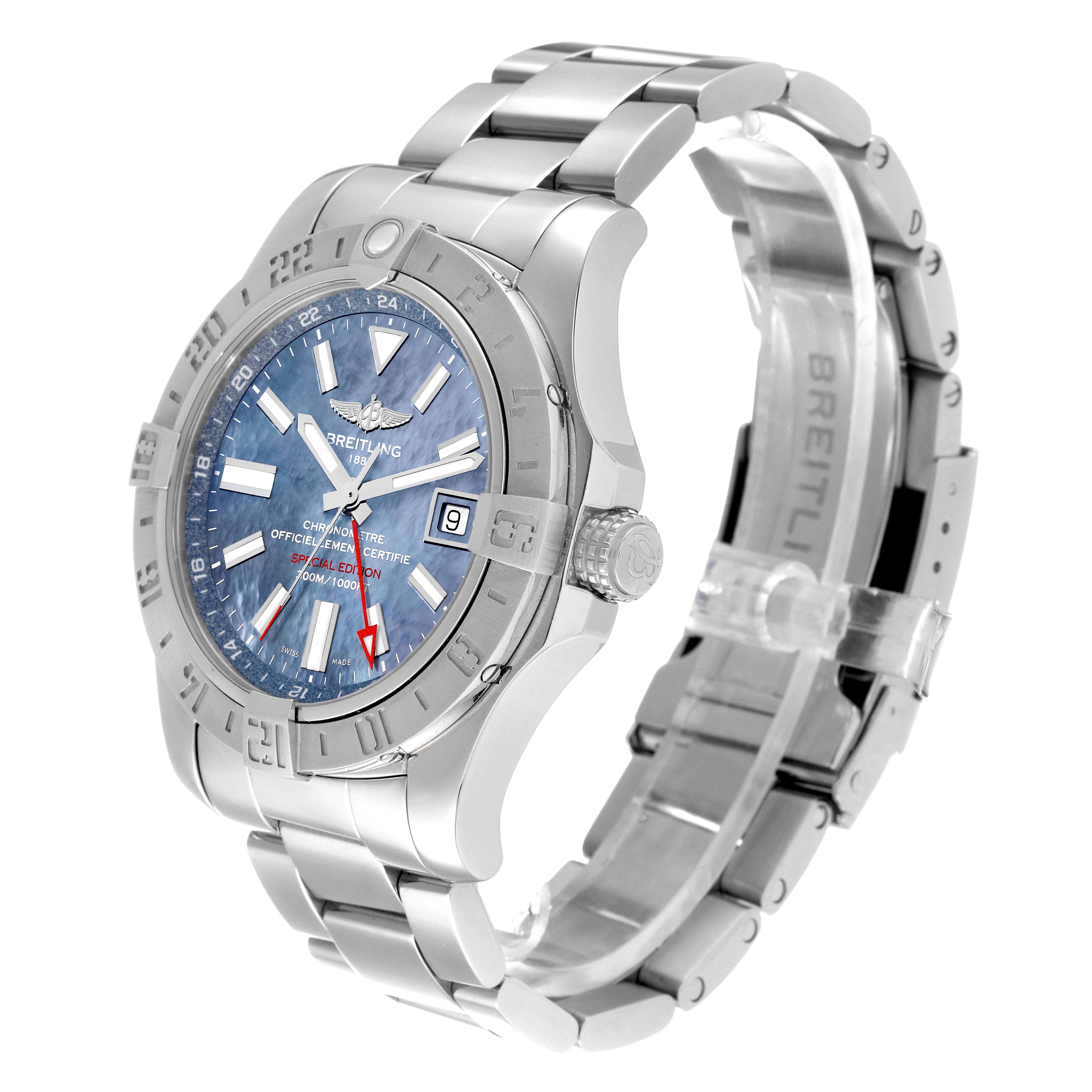 The image shows a Breitling Avenger A3239011-C872-170A Men's Stainless Steel Mother of Pearl Dial A3239011-C872-170A Men's Stainless Steel Mother of Pearl Dial watch at a three-quarter angle, highlighting the dial, bezel, crown, and bracelet.