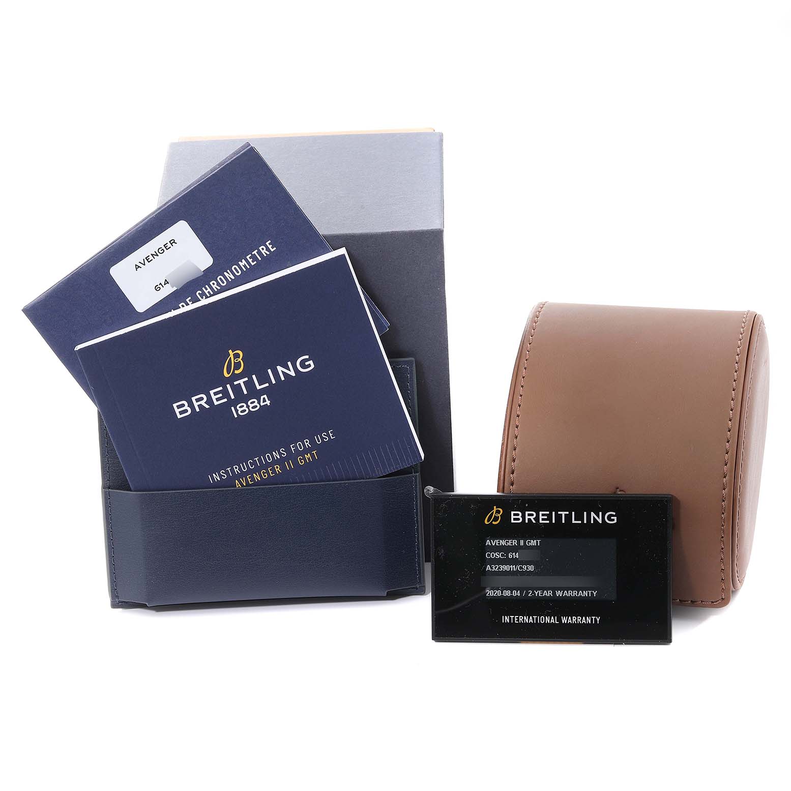 The image shows accessories for the Breitling Avenger A3239011-C872-170A Men's Stainless Steel Mother of Pearl Dial A3239011-C872-170A Men's Stainless Steel Mother of Pearl Dial model watch, including manuals, warranty card, pouch, and carrying case.