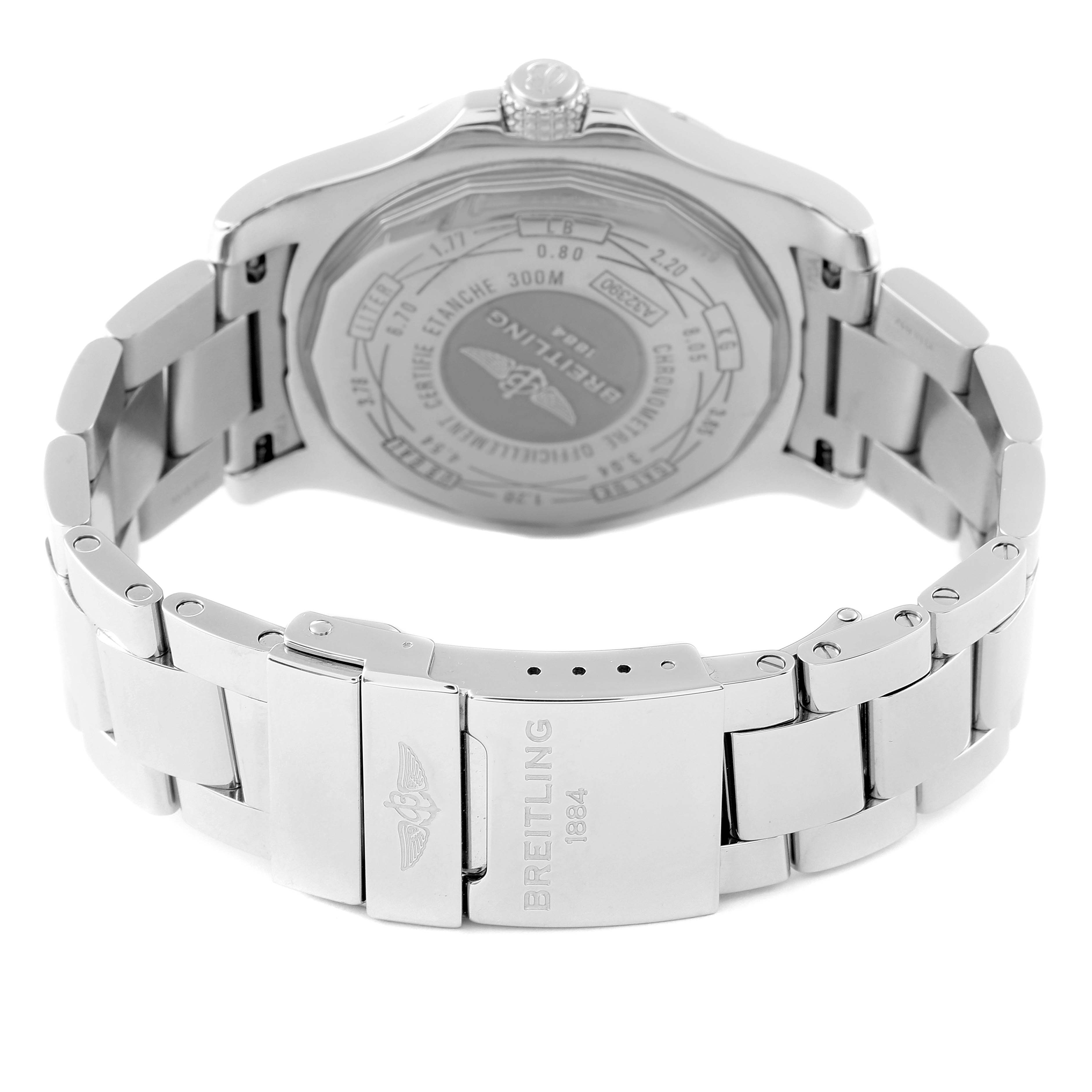 This image shows the back of a Breitling Avenger A3239011-C872-170A Men's Stainless Steel Mother of Pearl Dial A3239011-C872-170A Men's Stainless Steel Mother of Pearl Dial watch, highlighting the clasp and bracelet in a close-up view.