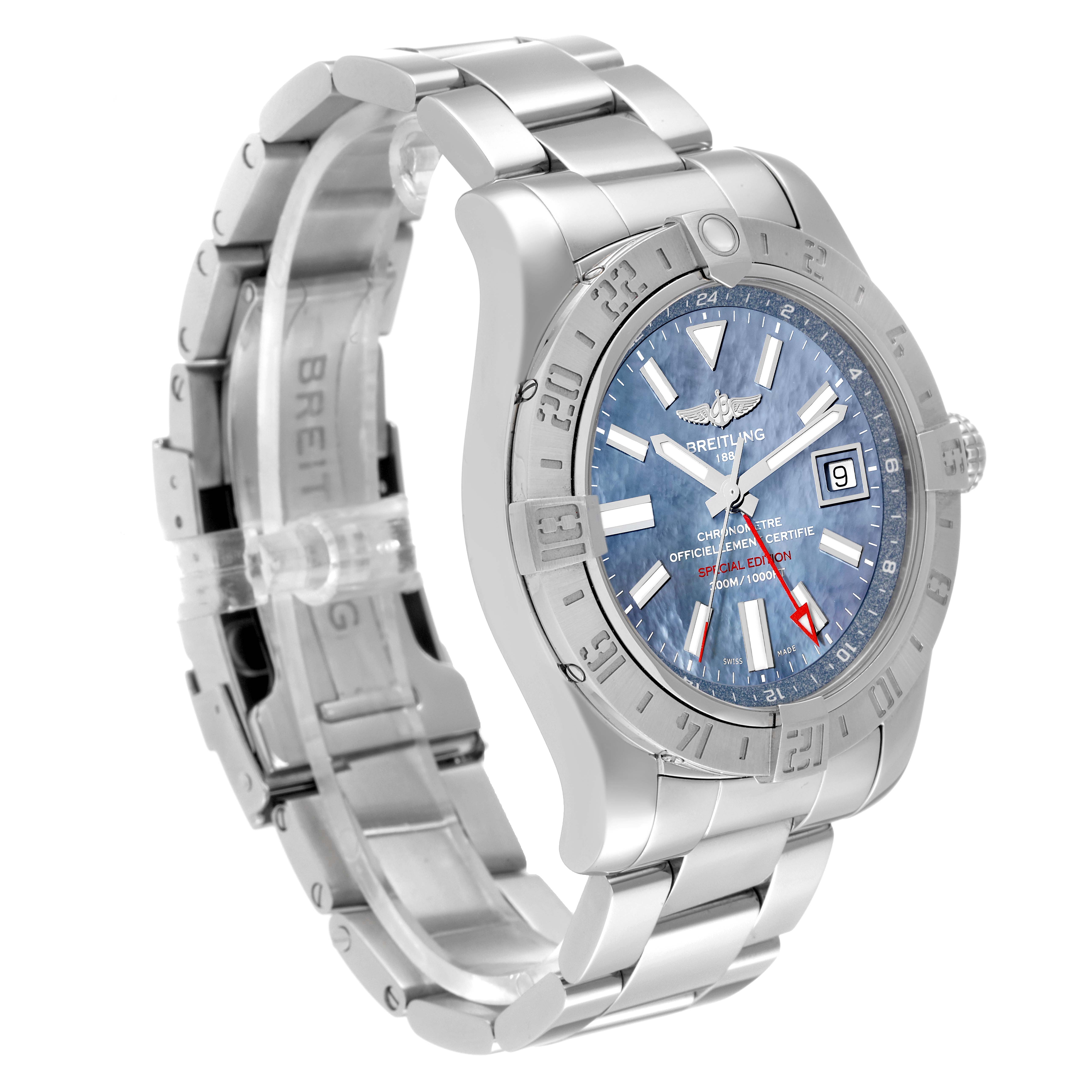 This image shows a side and front angle of the Breitling Avenger A3239011-C872-170A Men's Stainless Steel Mother of Pearl Dial A3239011-C872-170A Men's Stainless Steel Mother of Pearl Dial watch, highlighting the face, bezel, crown, and metal bracelet.