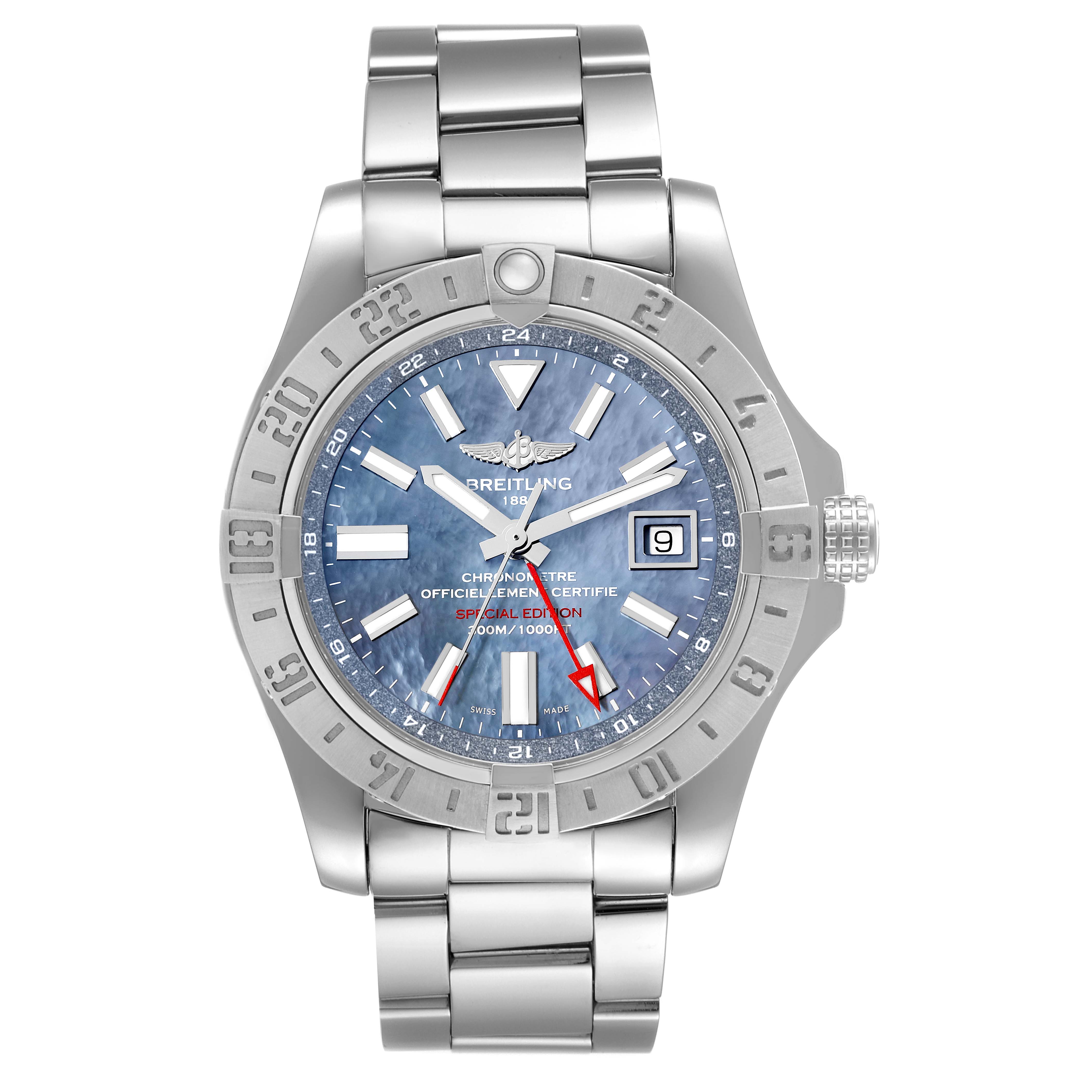 The image shows a front view of a Breitling Avenger A3239011-C872-170A Men's Stainless Steel Mother of Pearl Dial A3239011-C872-170A Men's Stainless Steel Mother of Pearl Dial watch displaying its face, bezel, crown, and metal bracelet.
