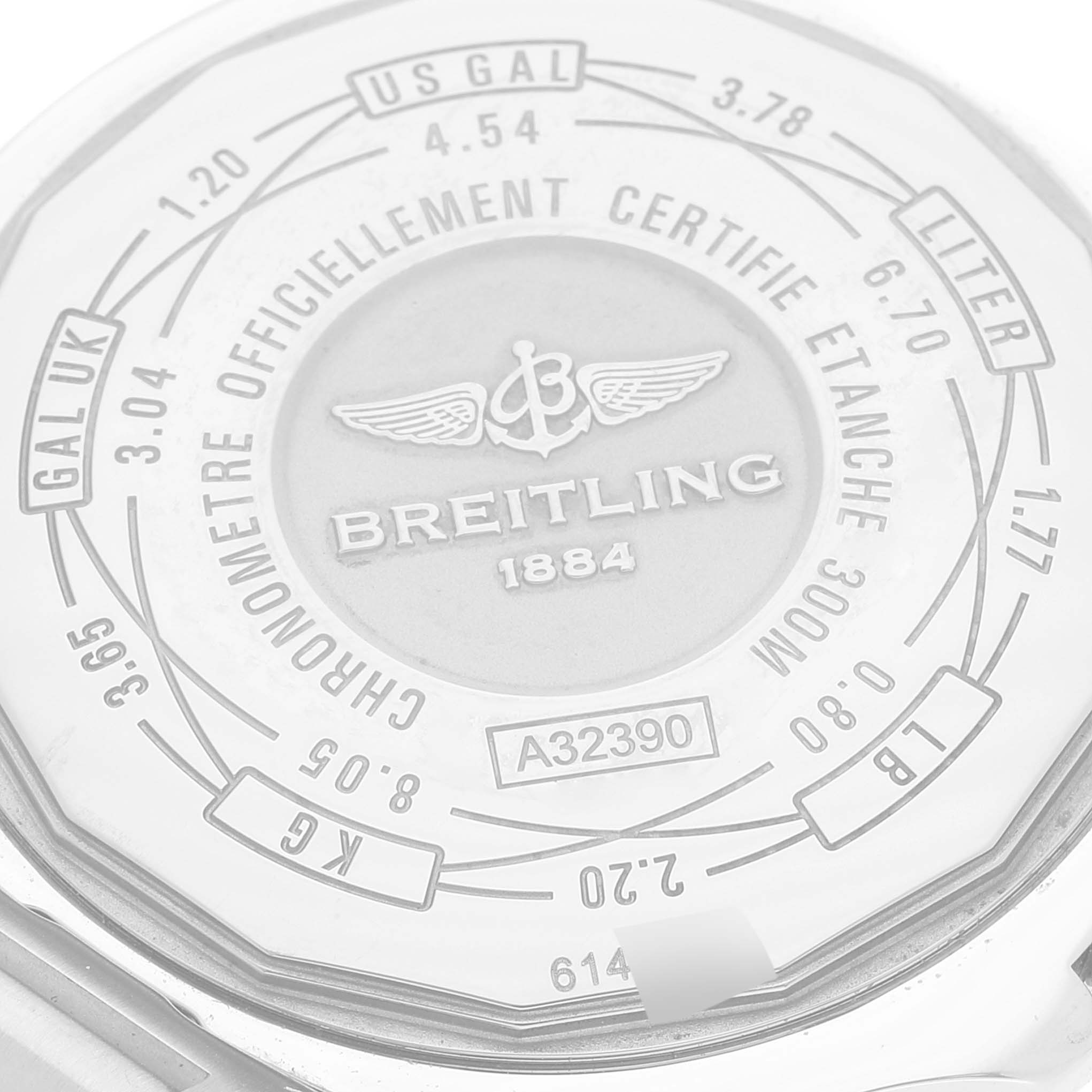 This image shows the back case of a Breitling Avenger A3239011-C872-170A Men's Stainless Steel Mother of Pearl Dial A3239011-C872-170A Men's Stainless Steel Mother of Pearl Dial watch, featuring branding, certification, and unit conversions.