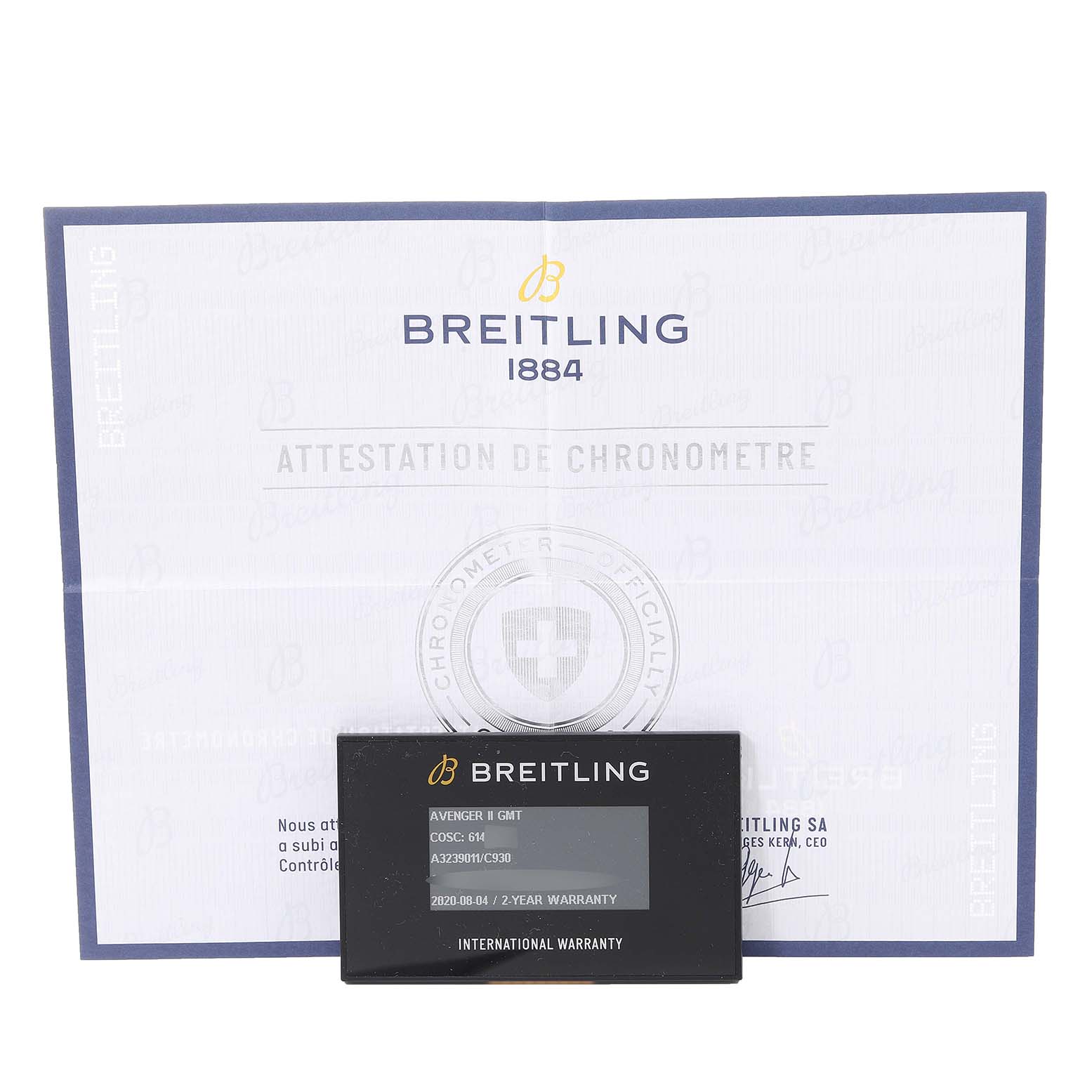 The image shows a Breitling Avenger A3239011-C872-170A Men's Stainless Steel Mother of Pearl Dial A3239011-C872-170A Men's Stainless Steel Mother of Pearl Dial model warranty card and certificate, displayed from the front.