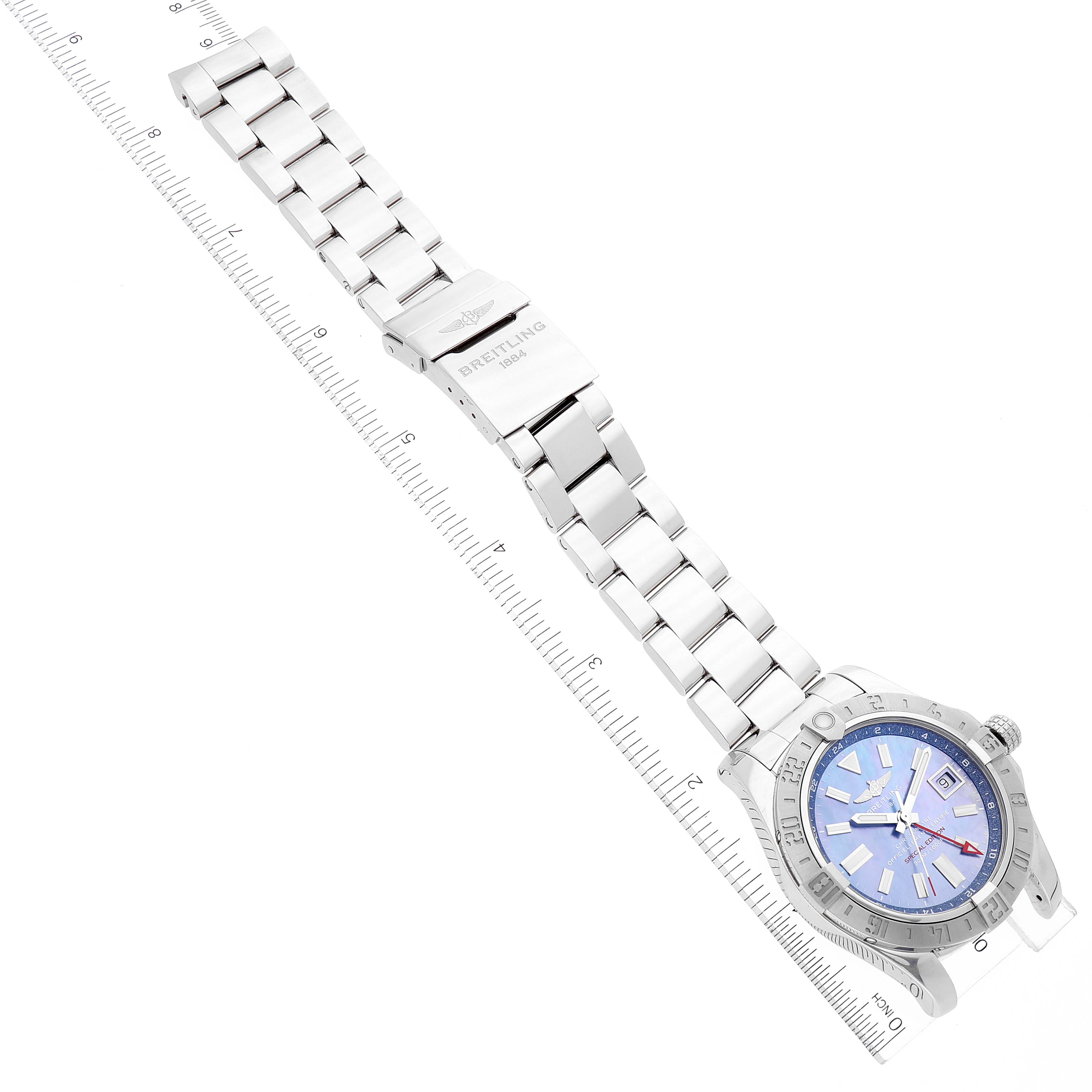 The image shows the face, bezel, and bracelet of a Breitling Avenger A3239011-C872-170A Men's Stainless Steel Mother of Pearl Dial A3239011-C872-170A Men's Stainless Steel Mother of Pearl Dial watch at an angle.