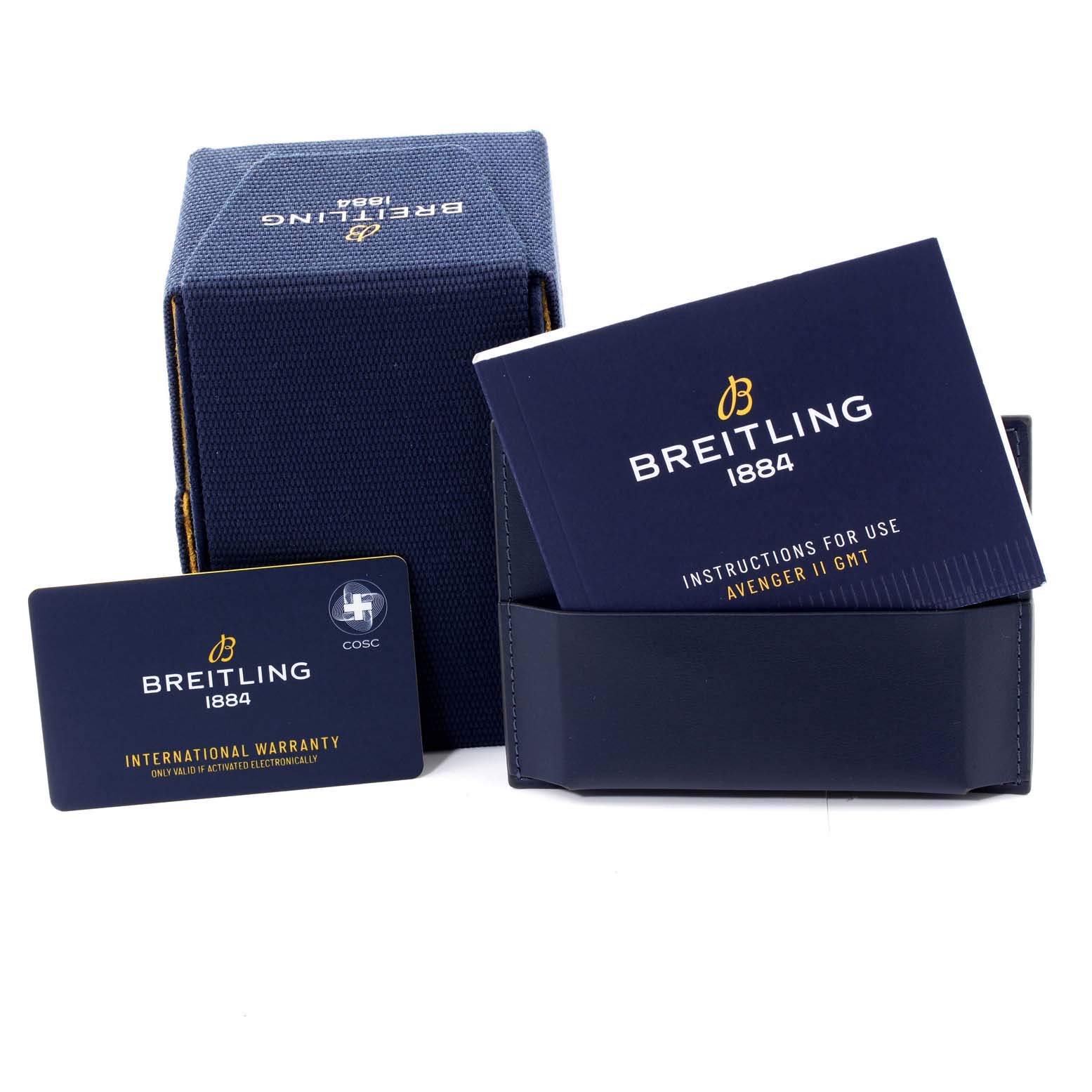 The image shows the packaging, international warranty card, and instruction booklet for the Breitling Avenger A3239011-C872-170A Men's Stainless Steel Mother of Pearl Dial A3239011-C872-170A Men's Stainless Steel Mother of Pearl Dial model.