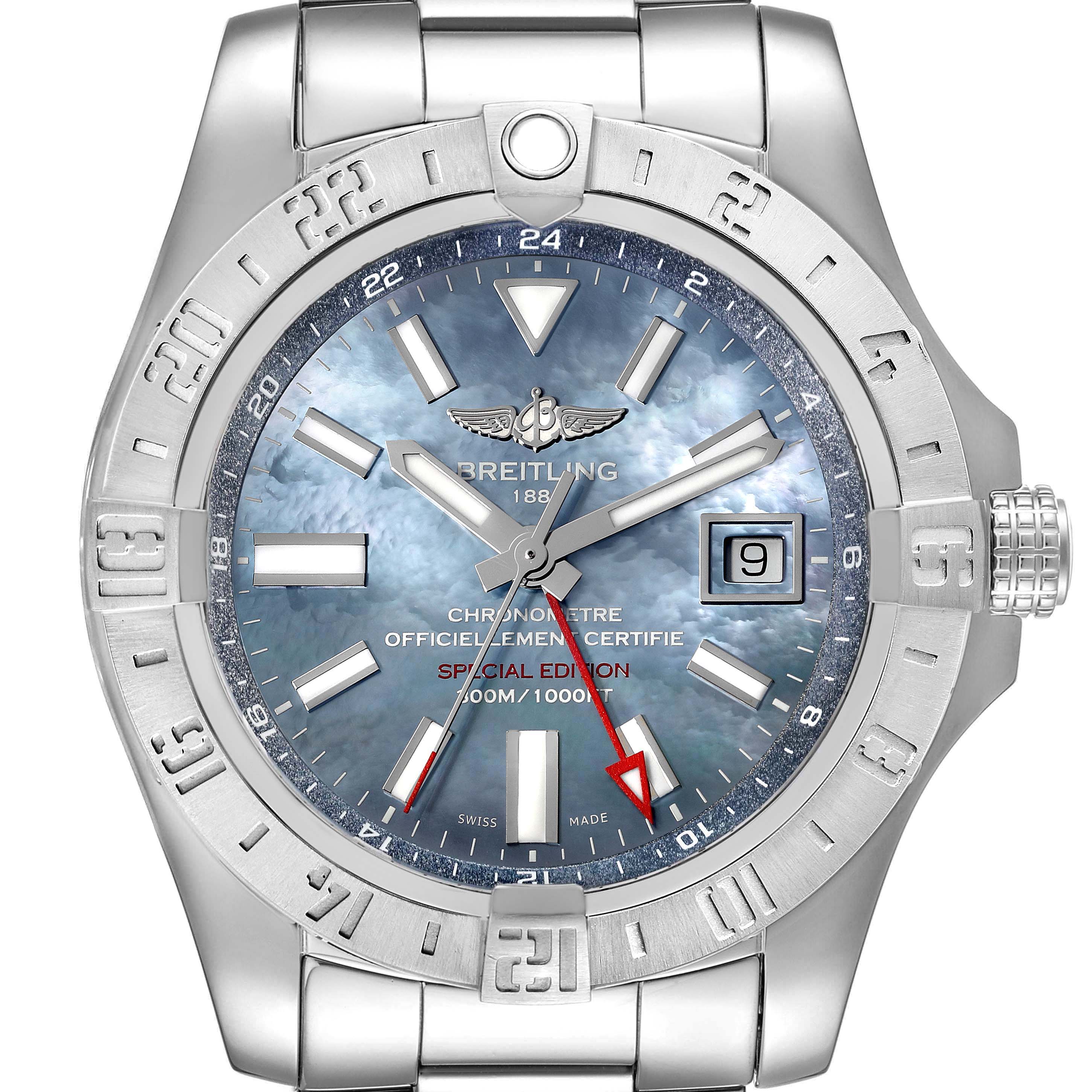 The image shows a front view of the Breitling Avenger A3239011-C872-170A Men's Stainless Steel Mother of Pearl Dial A3239011-C872-170A Men's Stainless Steel Mother of Pearl Dial watch, highlighting its dial, bezel, and metal bracelet.