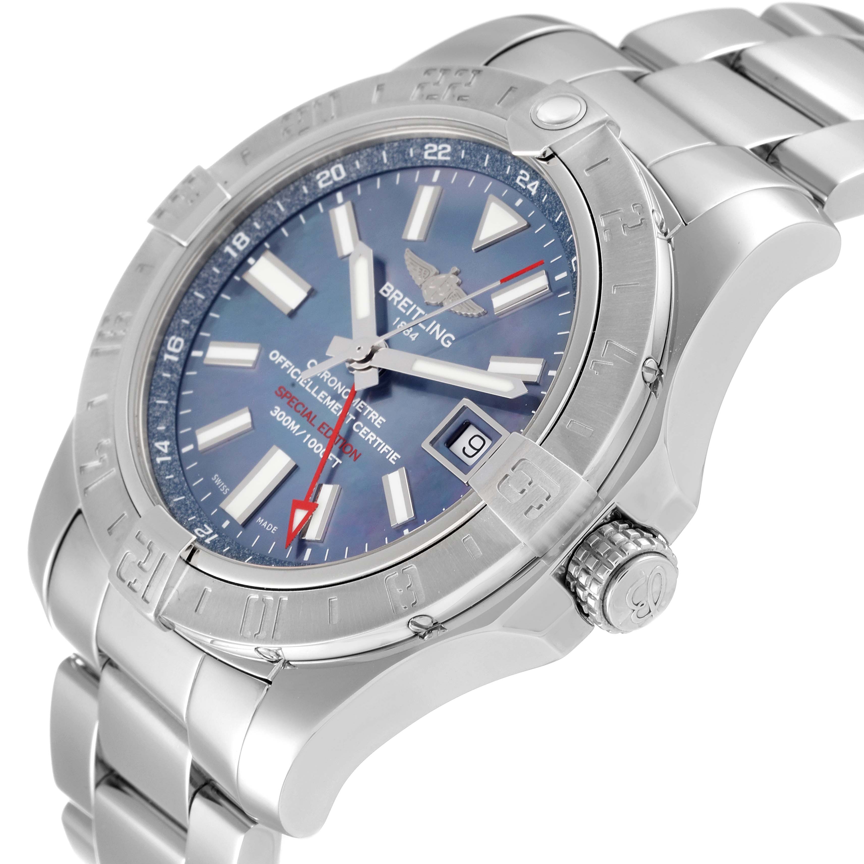 The Breitling Avenger A3239011-C872-170A Men's Stainless Steel Mother of Pearl Dial A3239011-C872-170A Men's Stainless Steel Mother of Pearl Dial model watch is shown at a slight angle, displaying the dial, bezel, crown, and part of the bracelet.