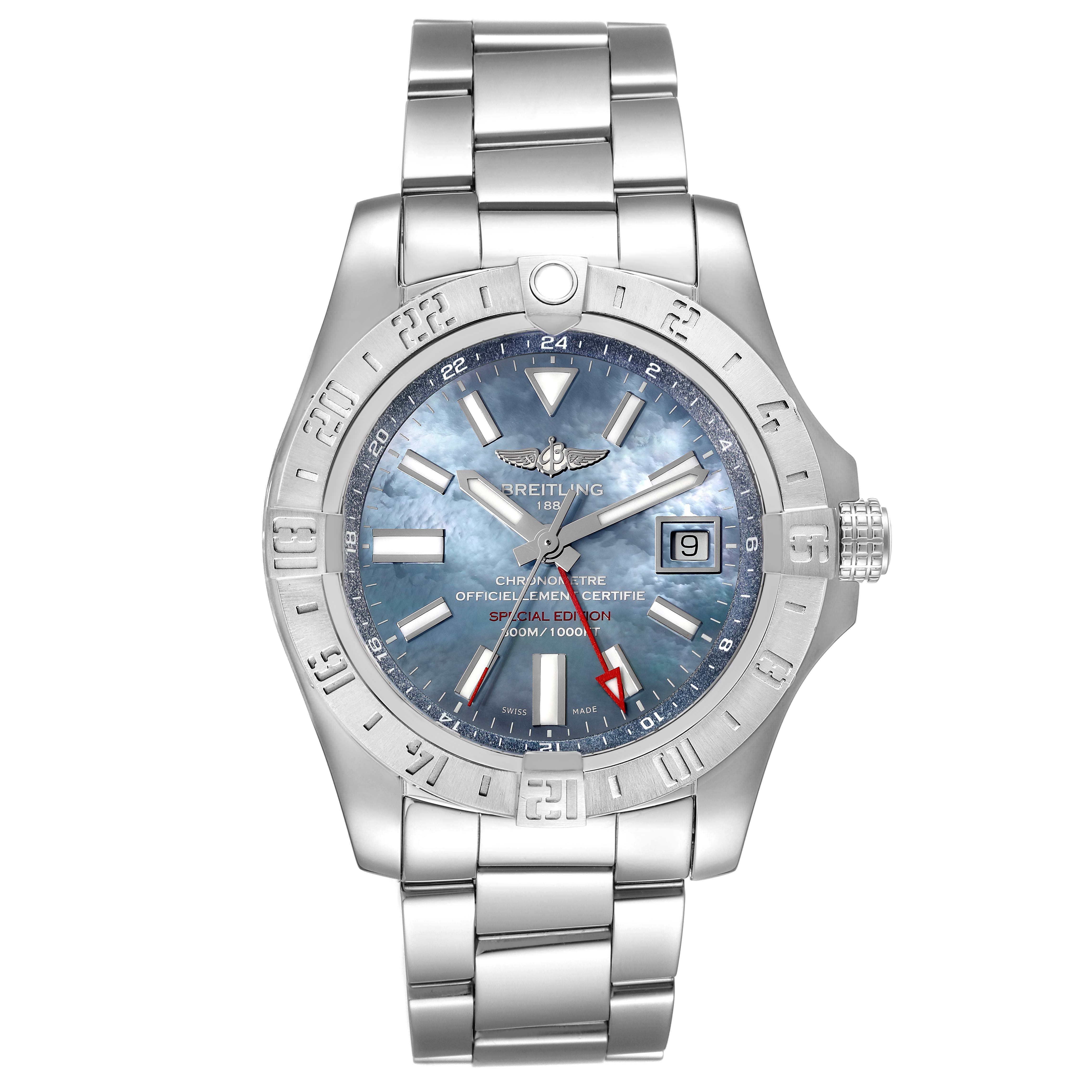 This image shows the Breitling Avenger A3239011-C872-170A Men's Stainless Steel Mother of Pearl Dial A3239011-C872-170A Men's Stainless Steel Mother of Pearl Dial watch from a front-angle view, highlighting the face, bezel, and metal bracelet.