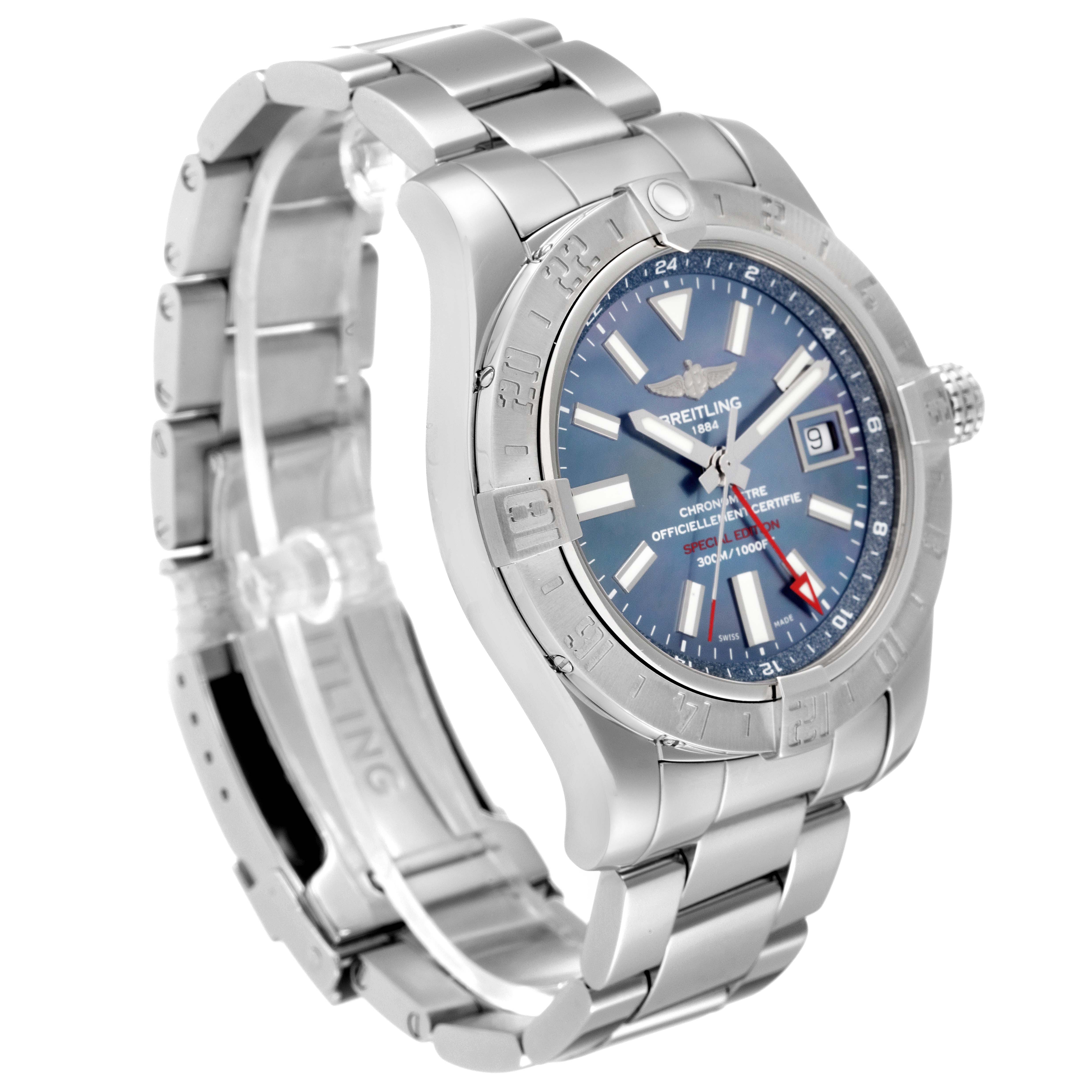 The image shows a Breitling Avenger A3239011-C872-170A Men's Stainless Steel Mother of Pearl Dial A3239011-C872-170A Men's Stainless Steel Mother of Pearl Dial model watch from a three-quarter angle, highlighting the face, bezel, case, and part of the bracelet.