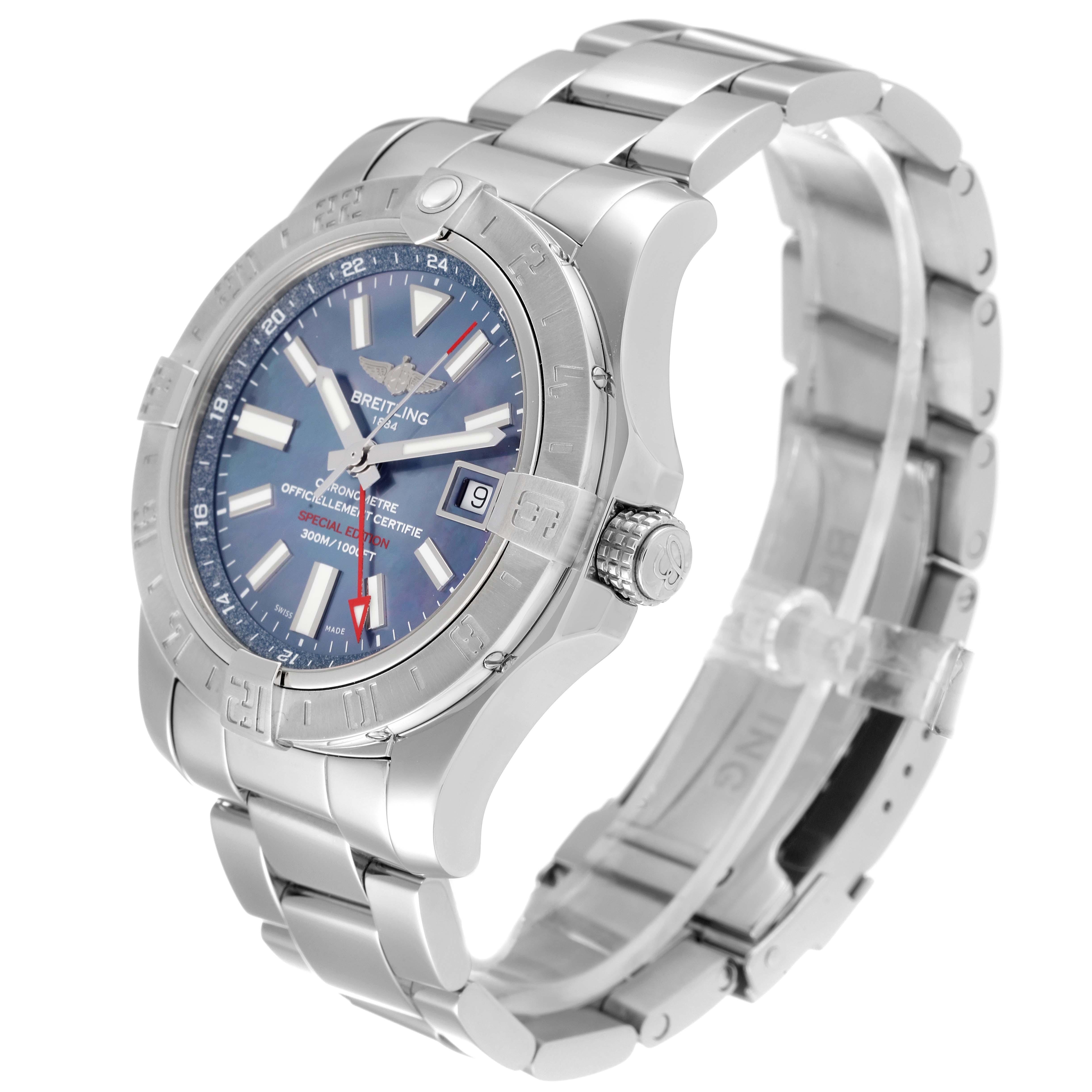 The Breitling Avenger A3239011-C872-170A Men's Stainless Steel Mother of Pearl Dial A3239011-C872-170A Men's Stainless Steel Mother of Pearl Dial watch is shown at a three-quarter angle, highlighting the face, bezel, crown, and bracelet.