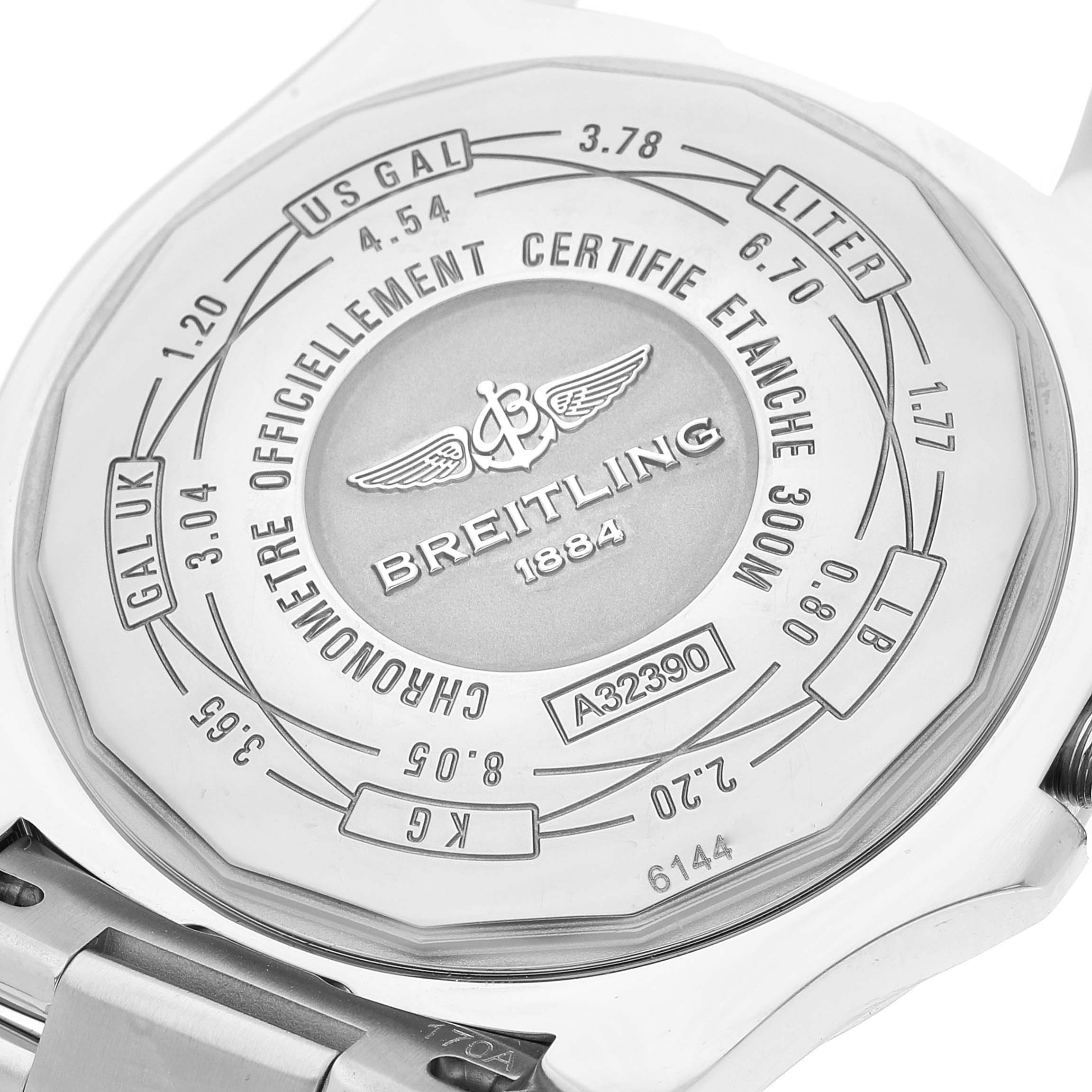 The image shows the back case of a Breitling Avenger A3239011-C872-170A Men's Stainless Steel Mother of Pearl Dial A3239011-C872-170A Men's Stainless Steel Mother of Pearl Dial watch, displaying its specifications and engravings.