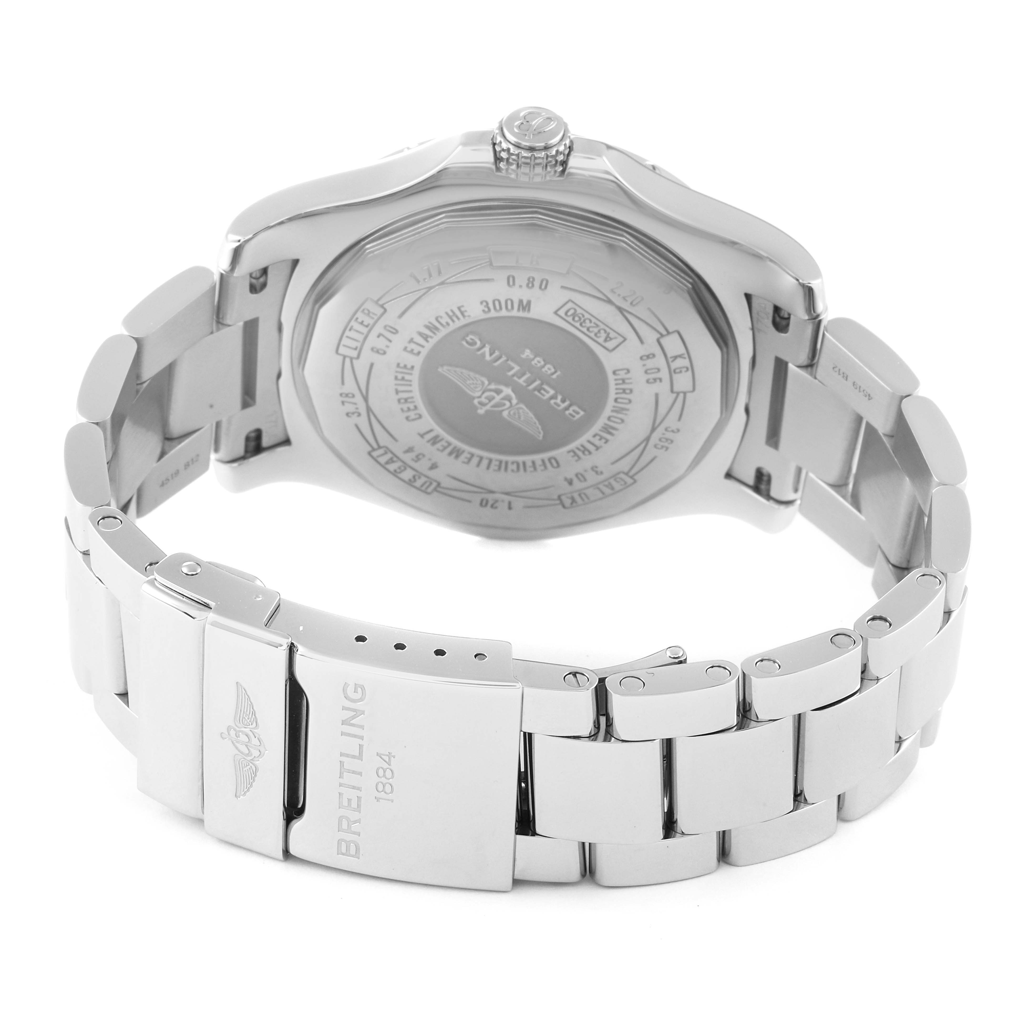 This image shows the back case and metal bracelet of a Breitling Avenger A3239011-C872-170A Men's Stainless Steel Mother of Pearl Dial A3239011-C872-170A Men's Stainless Steel Mother of Pearl Dial watch.