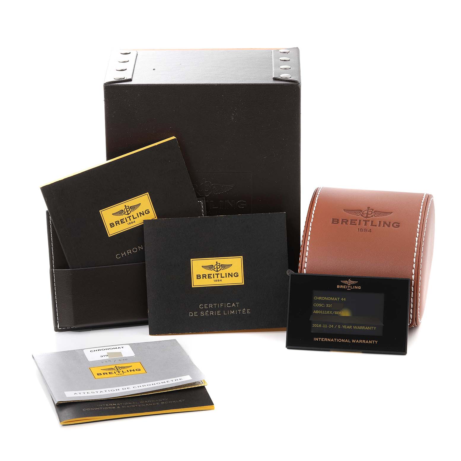 The image shows a Breitling Chronomat AB01116X/BE67 Men's Stainless Steel Mother of Pearl Dial AB01116X/BE67 Men's Stainless Steel Mother of Pearl Dial watch's packaging, certificates, warranty card, and a leather watch case.