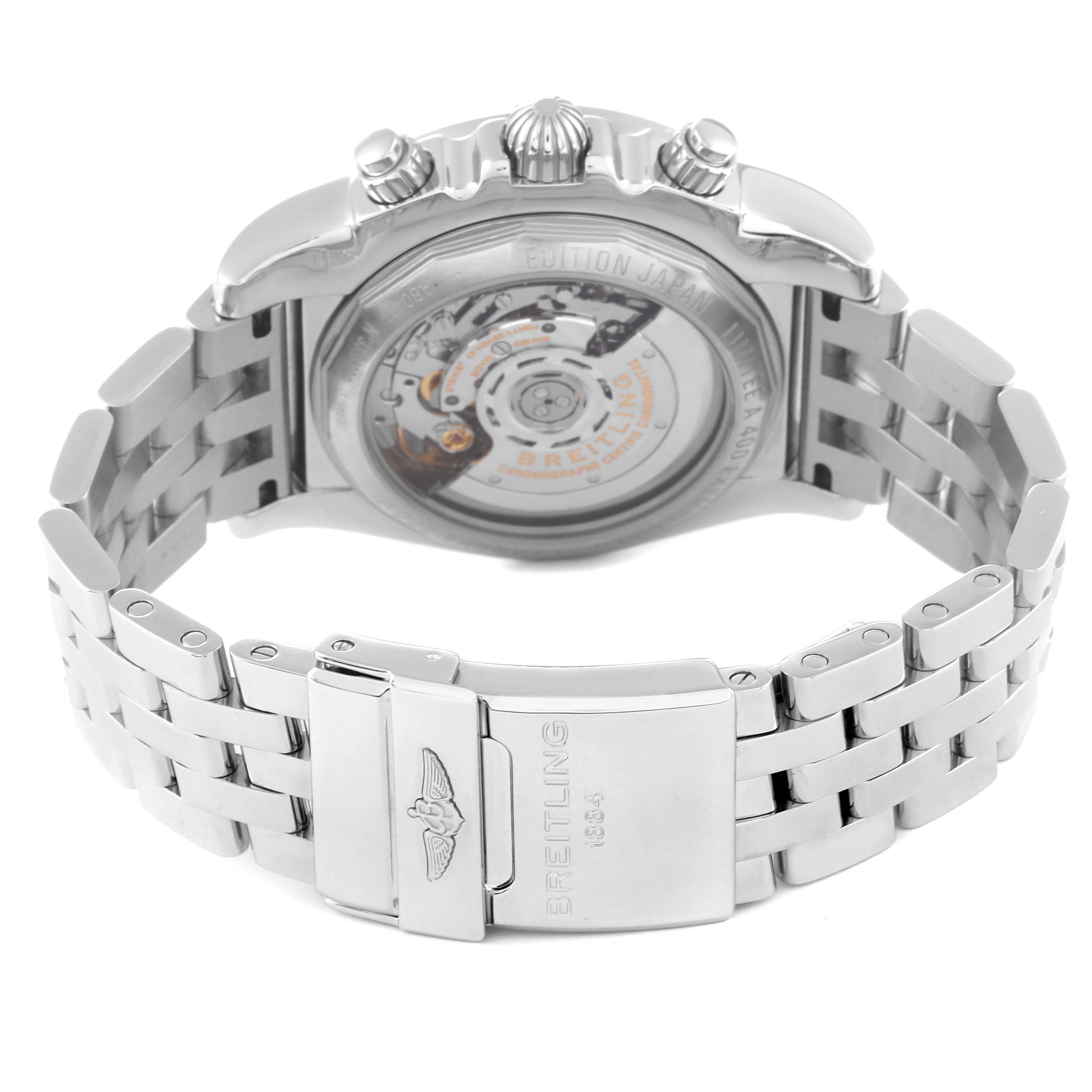 The image shows the back view of the Breitling Chronomat AB01116X/BE67 Men's Stainless Steel Mother of Pearl Dial AB01116X/BE67 Men's Stainless Steel Mother of Pearl Dial watch, highlighting its transparent case back and stainless steel bracelet.