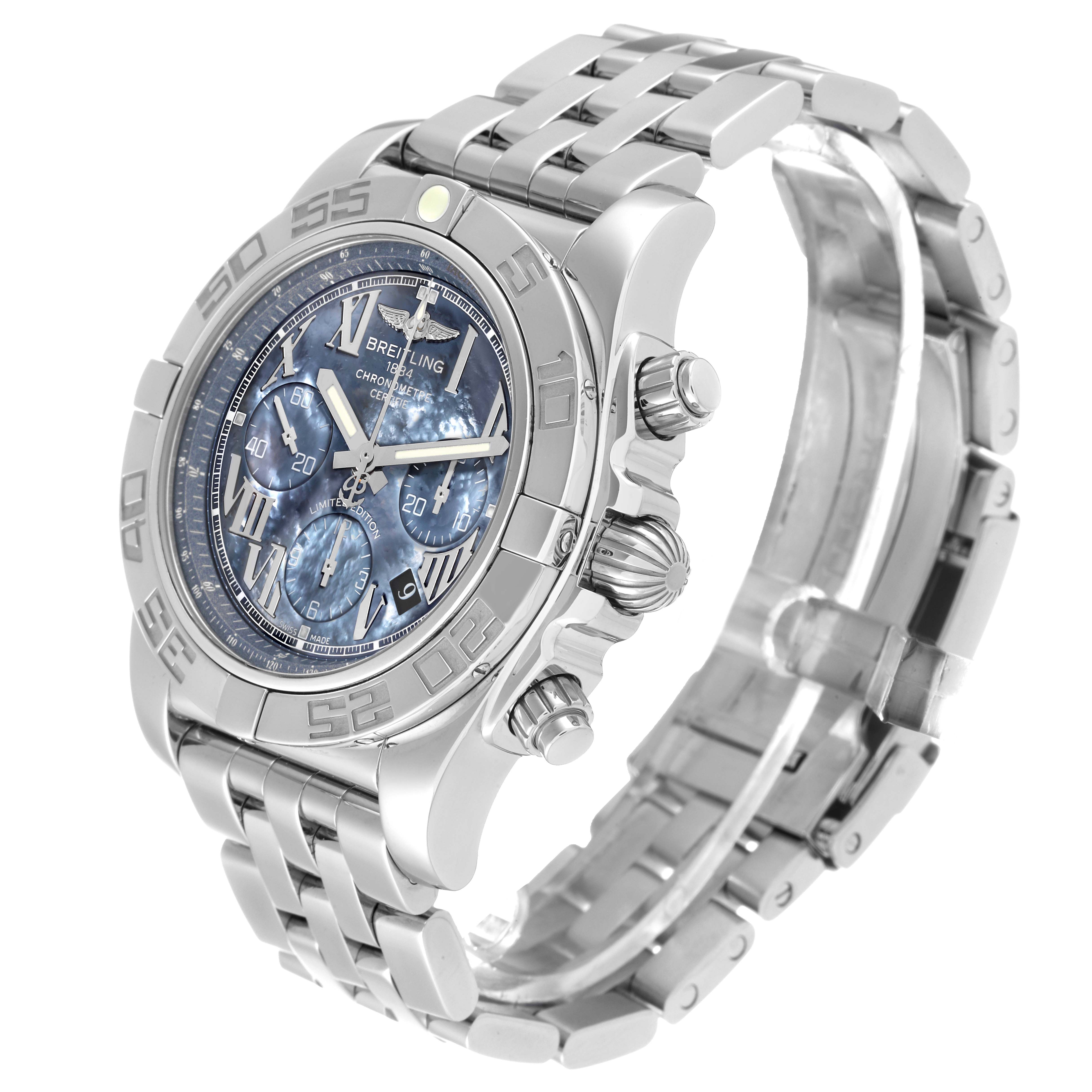 This image displays a Breitling Chronomat AB01116X/BE67 Men's Stainless Steel Mother of Pearl Dial AB01116X/BE67 Men's Stainless Steel Mother of Pearl Dial watch from an angled side view, showcasing its face, bezel, and bracelet.
