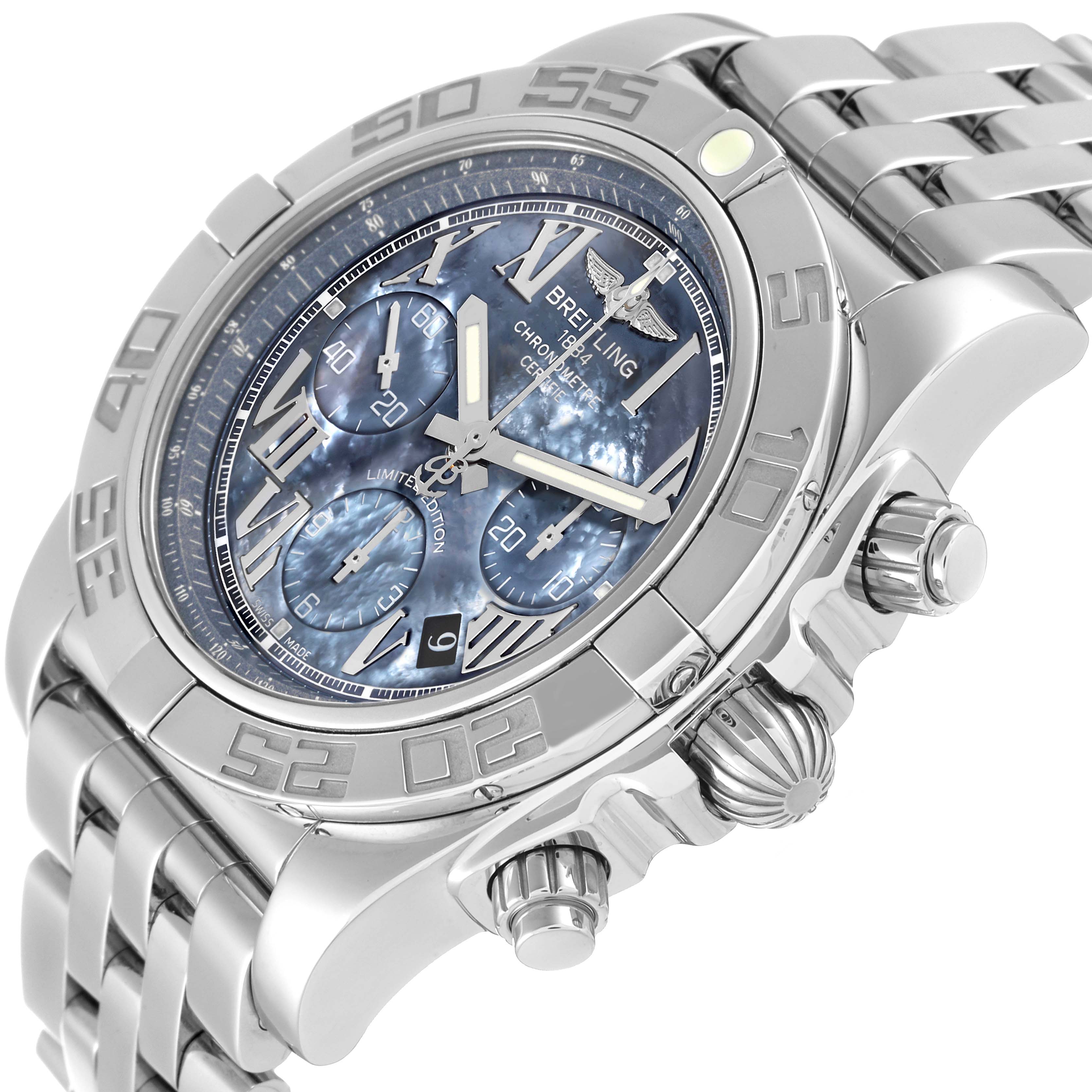 The image shows a close-up angle of the Breitling Chronomat AB01116X/BE67 Men's Stainless Steel Mother of Pearl Dial AB01116X/BE67 Men's Stainless Steel Mother of Pearl Dial watch, highlighting the dial, bezel, crown, and part of the bracelet.