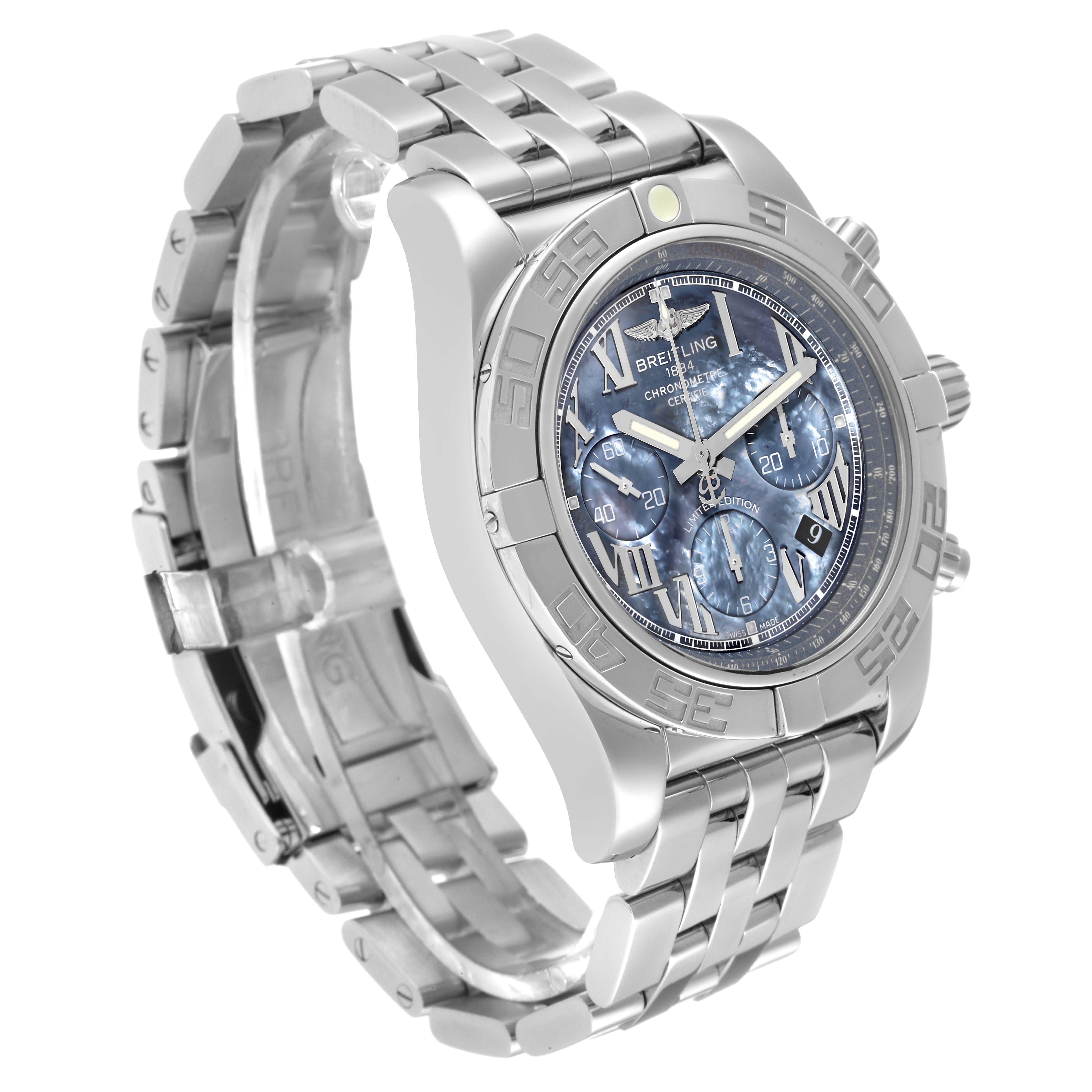 The image shows a Breitling Chronomat AB01116X/BE67 Men's Stainless Steel Mother of Pearl Dial AB01116X/BE67 Men's Stainless Steel Mother of Pearl Dial watch at a three-quarter angle, highlighting its dial, bezel, and metal bracelet.