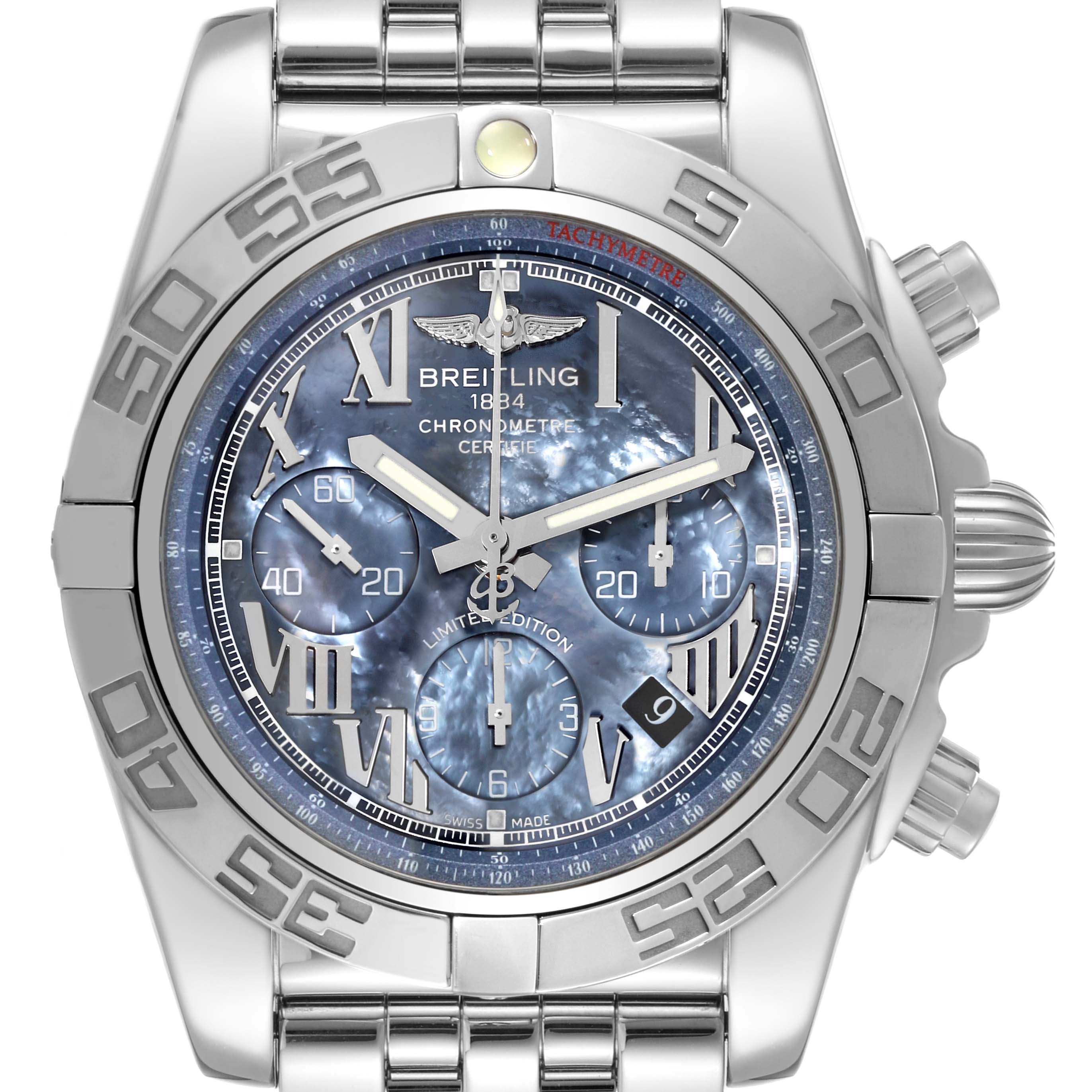 This image shows a front view of the Breitling Chronomat AB01116X/BE67 Men's Stainless Steel Mother of Pearl Dial AB01116X/BE67 Men's Stainless Steel Mother of Pearl Dial watch, highlighting its face, dials, bezel, and part of the bracelet.