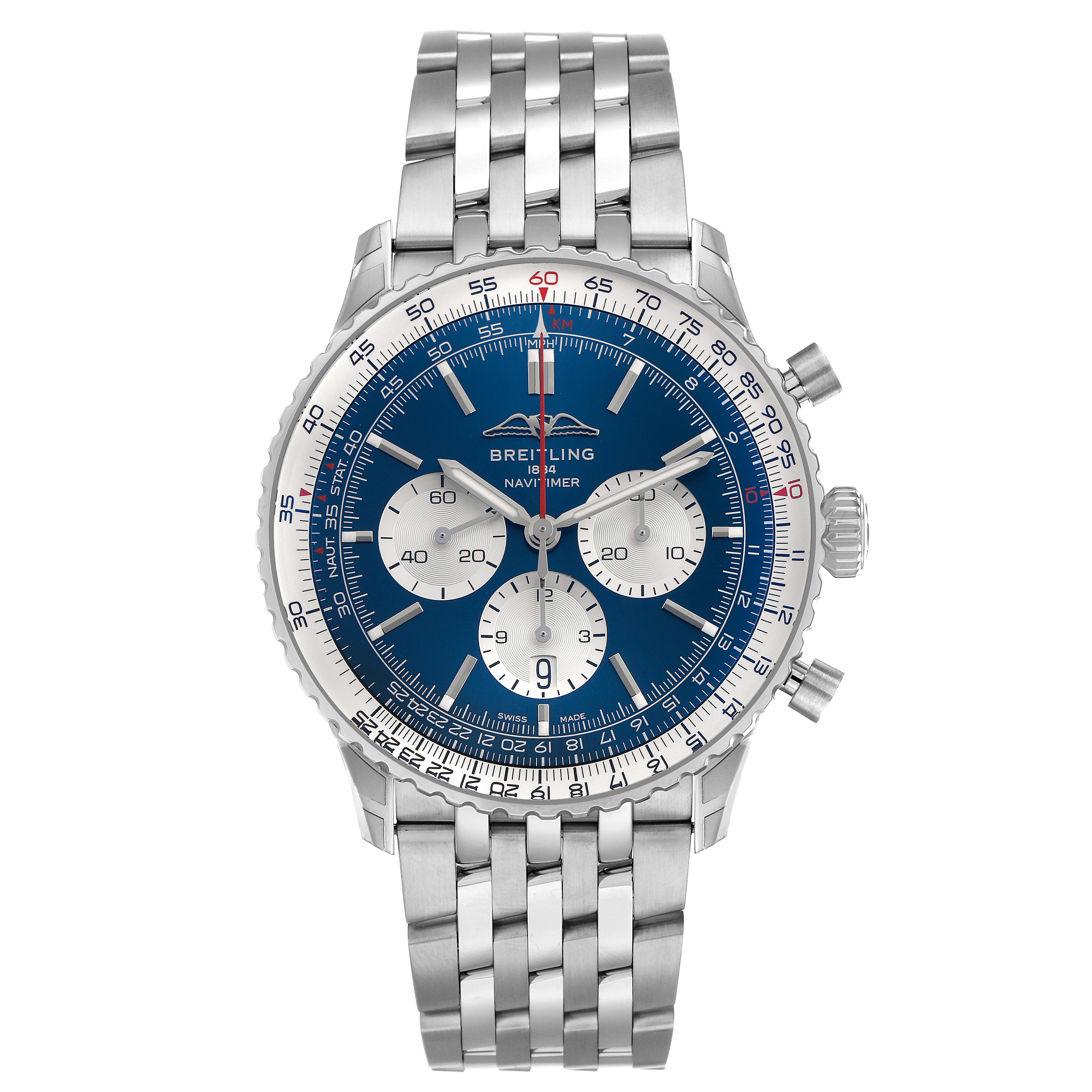 The Breitling Navitimer AB0137 Men's Stainless Steel Blue Dial watch is shown from the front, displaying its dial, bezel, crown, pushers, and metal bracelet.