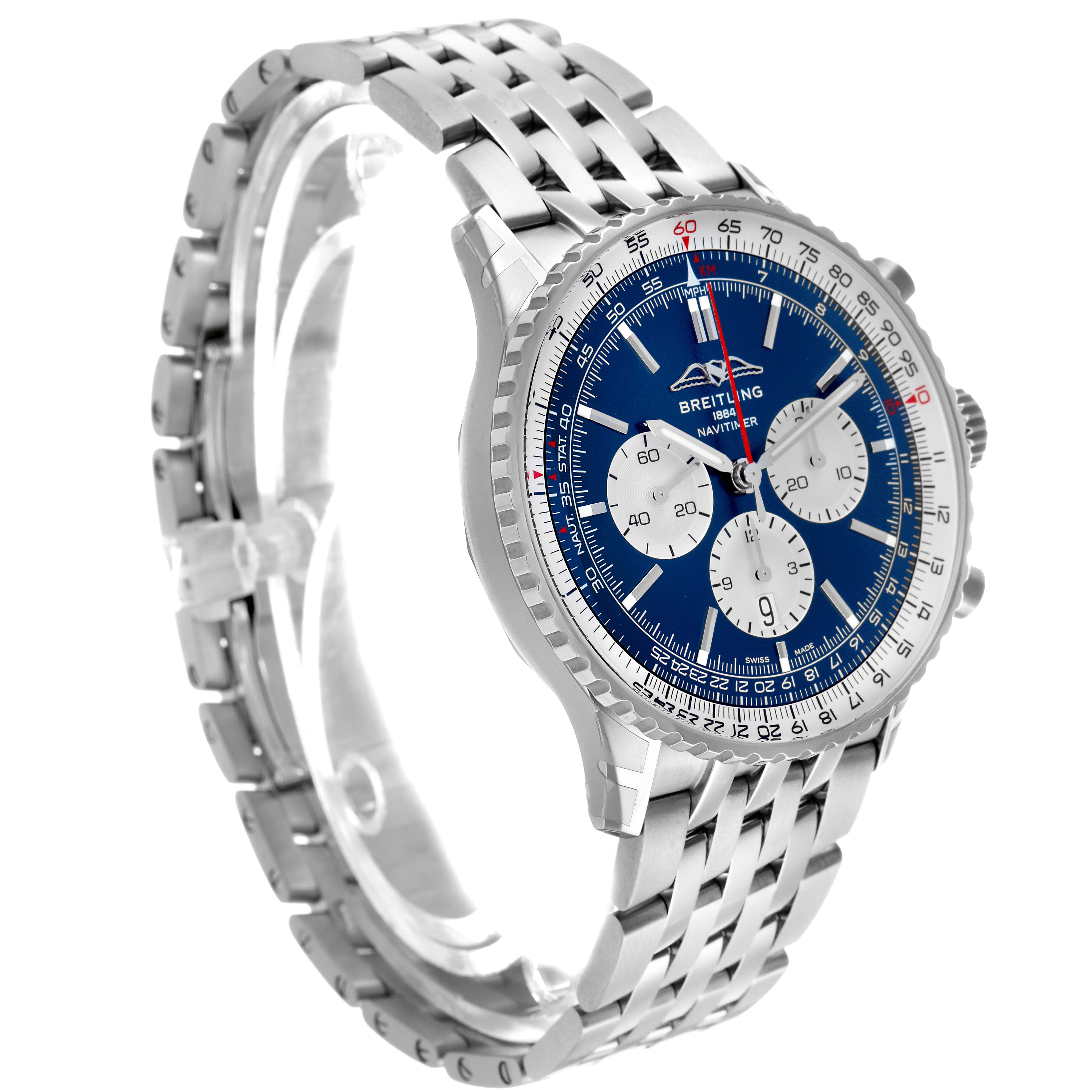 The Breitling Navitimer AB0137 Men's Stainless Steel Blue Dial watch is shown at a slight side angle, displaying its blue dial, bezel, and stainless steel bracelet.