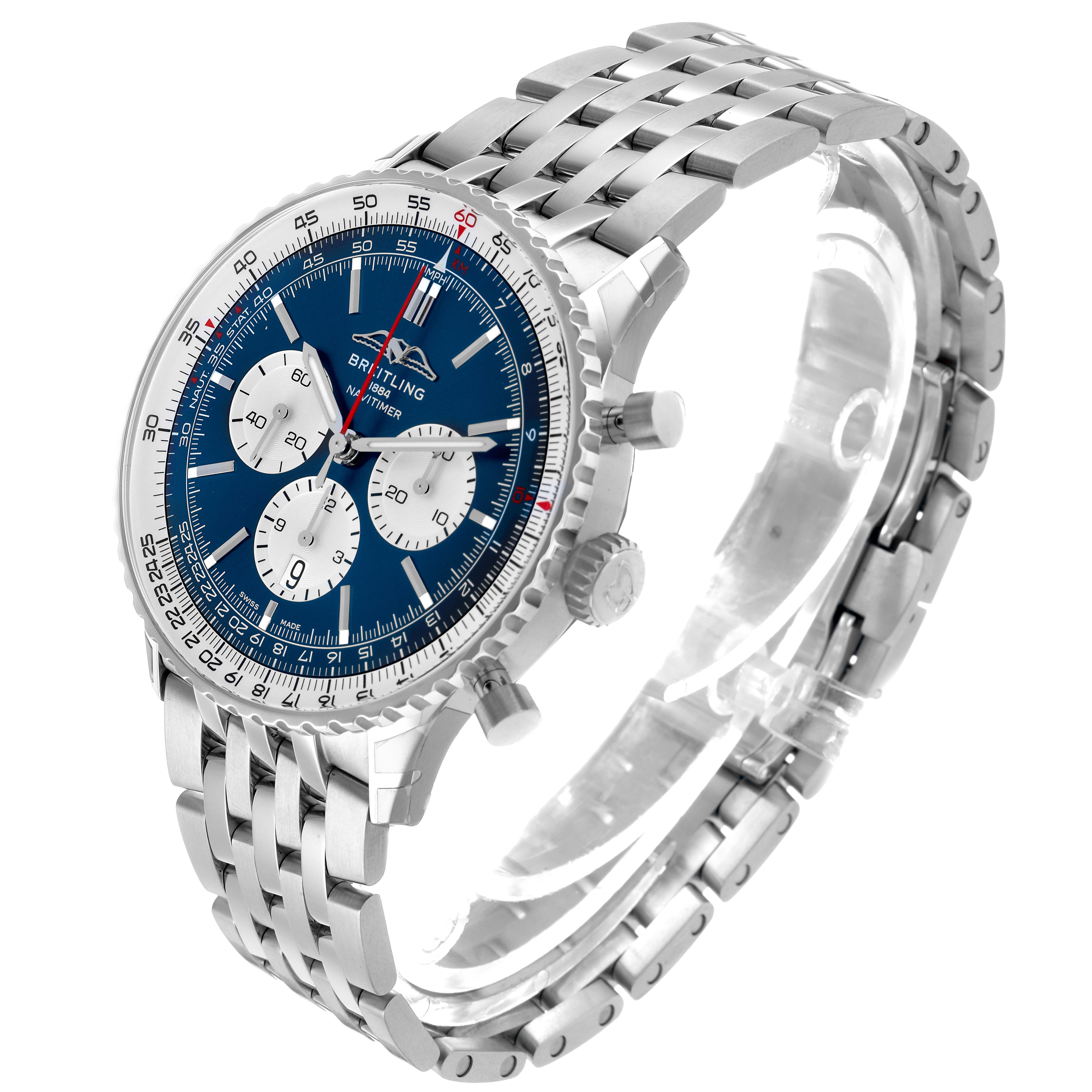 The Breitling Navitimer AB0137 Men's Stainless Steel Blue Dial watch is shown at a three-quarter angle, highlighting the face, bezel, crown, pushers, and metal bracelet.