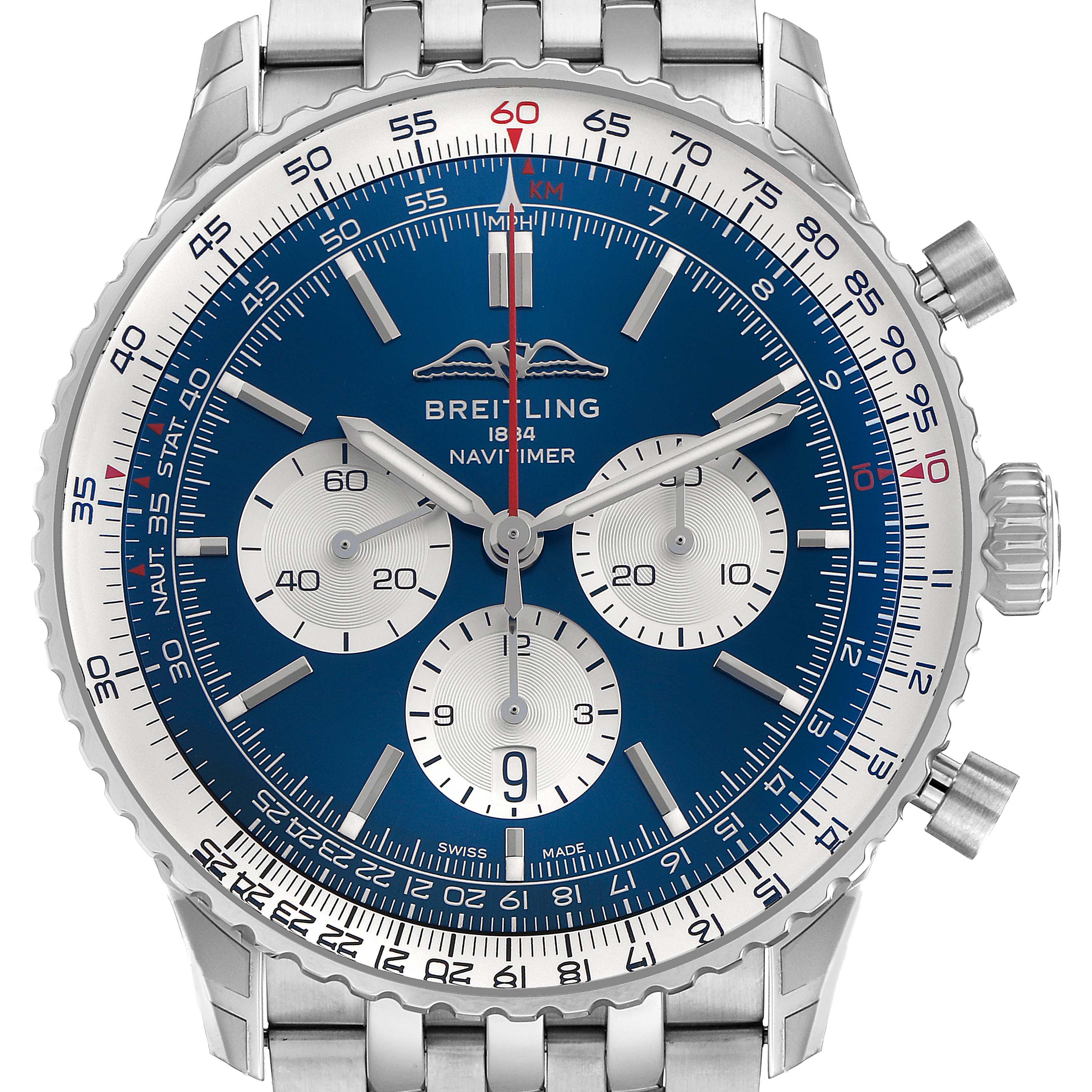 The Breitling Navitimer AB0137 Men's Stainless Steel Blue Dial watch is shown from a front angle, highlighting the dial, bezel, crown, and bracelet.