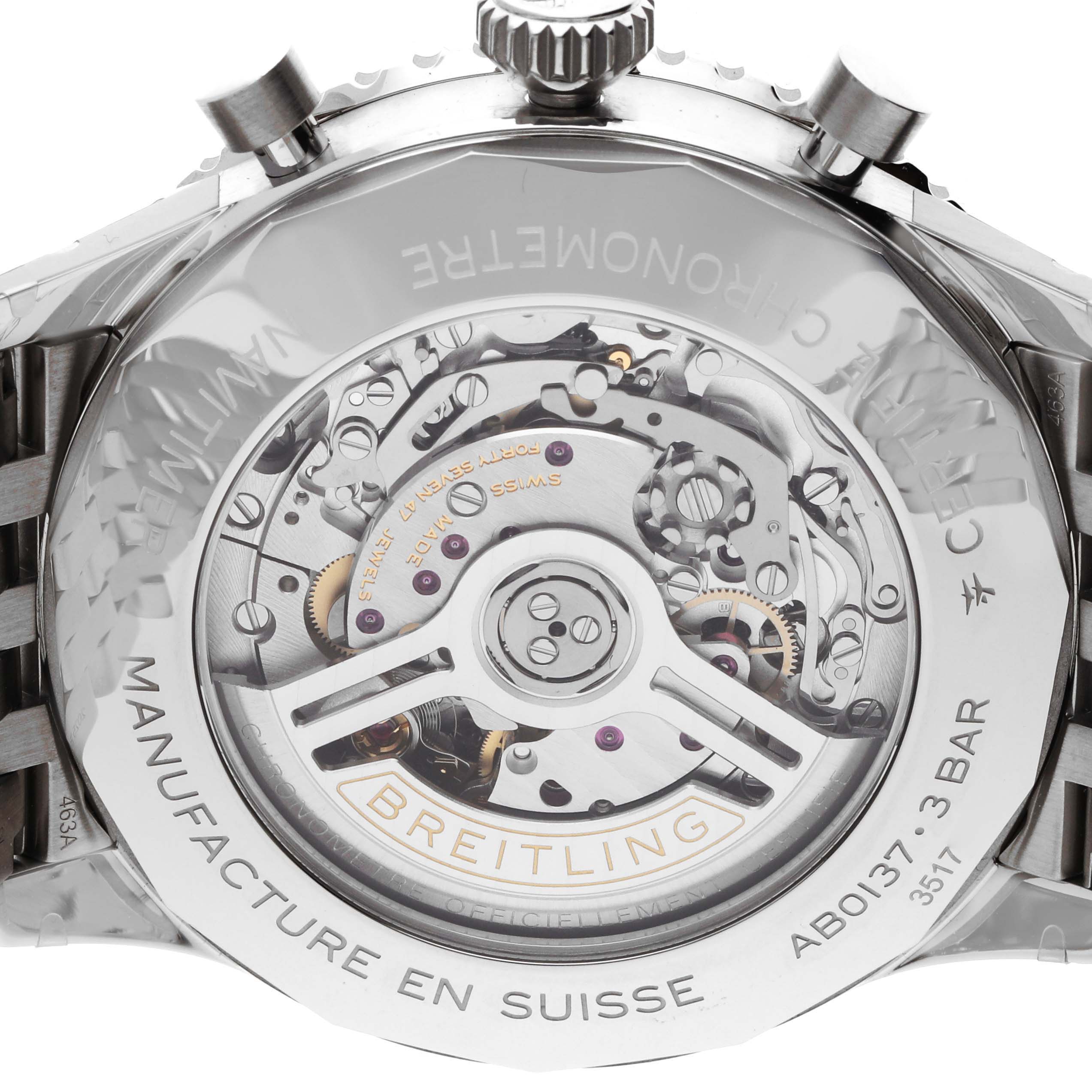 The image shows the back of a Breitling Navitimer AB0137 Men's Stainless Steel Blue Dial watch, highlighting the exposed movement and engraved details.