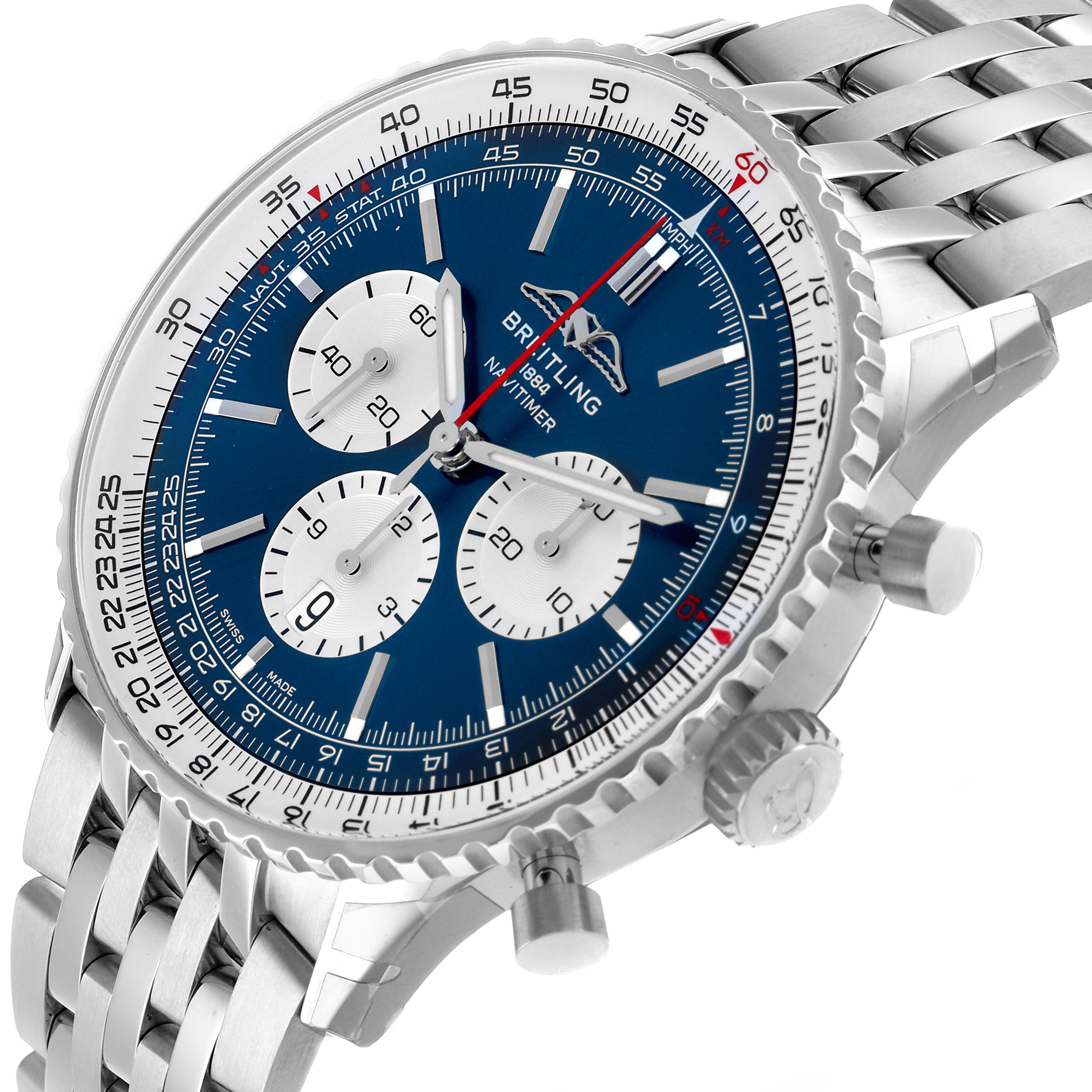 The Breitling Navitimer AB0137 Men's Stainless Steel Blue Dial watch is shown at an angle displaying its blue dial, chronograph subdials, bezel, and metal bracelet.
